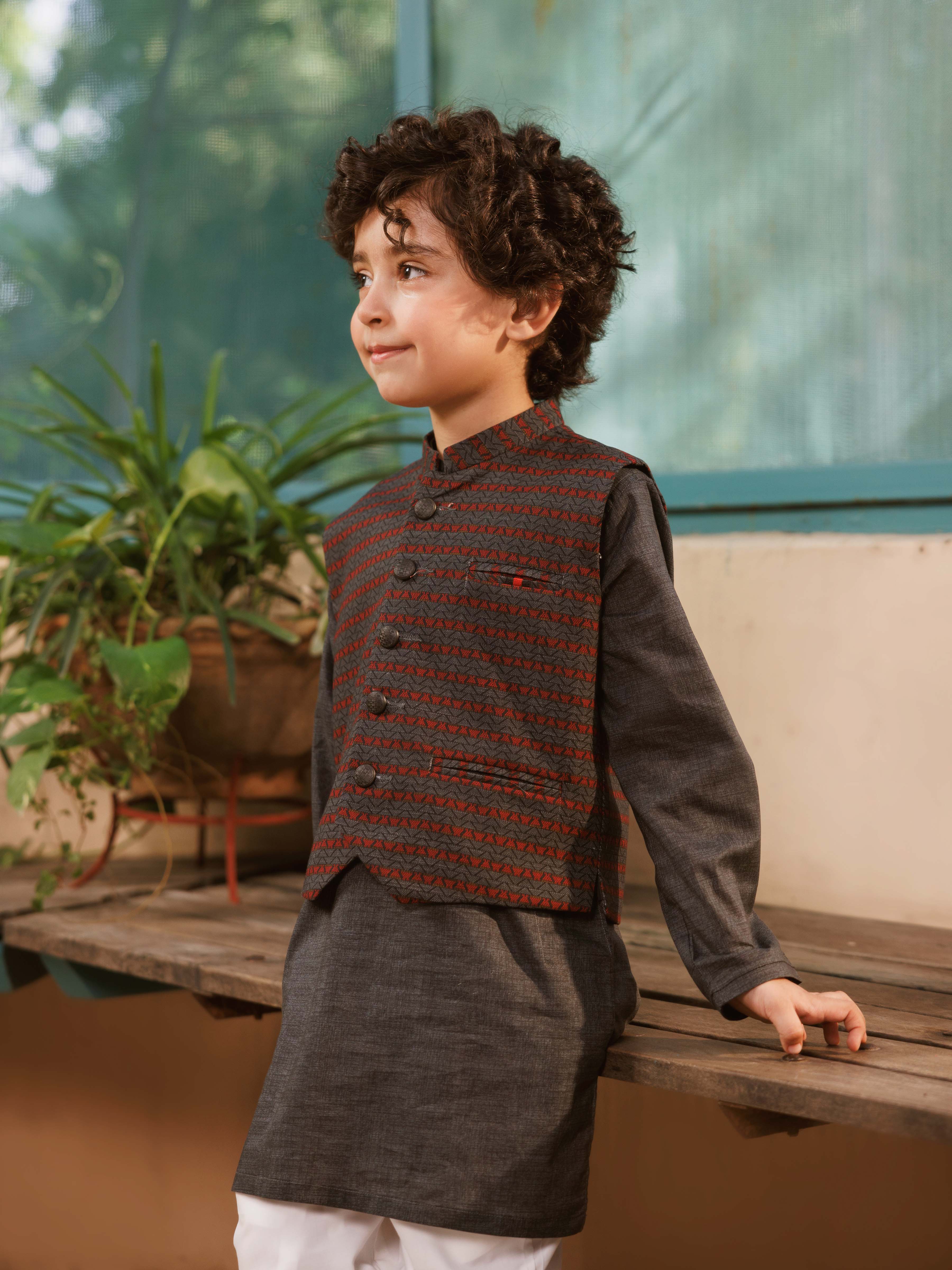 Embroidered Cotton Waistcoat Suit - EBTWCS5-25212 - Image 2