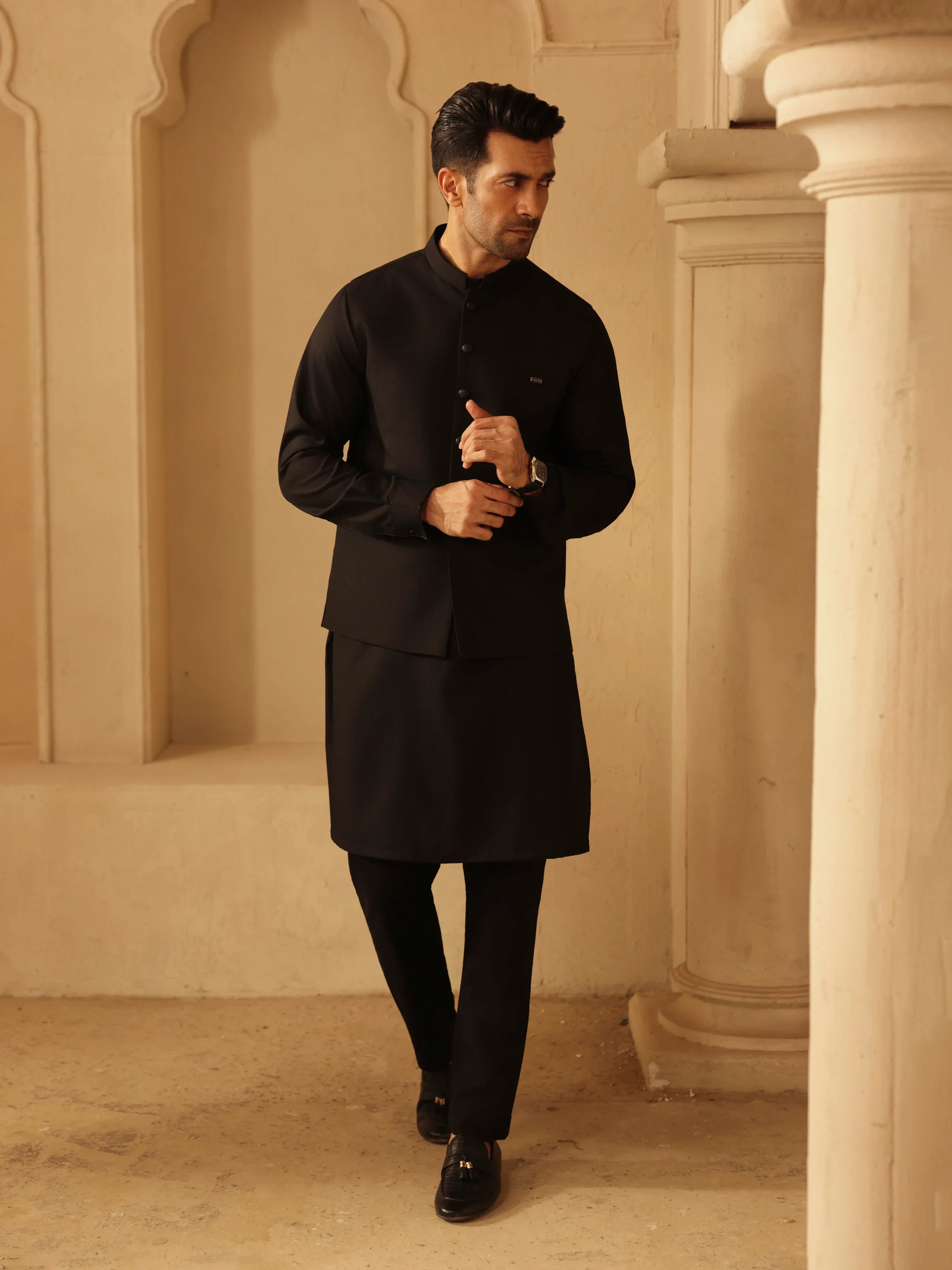 Embroidered Dobby Waistcoat Suit - ECMTWCS6-039