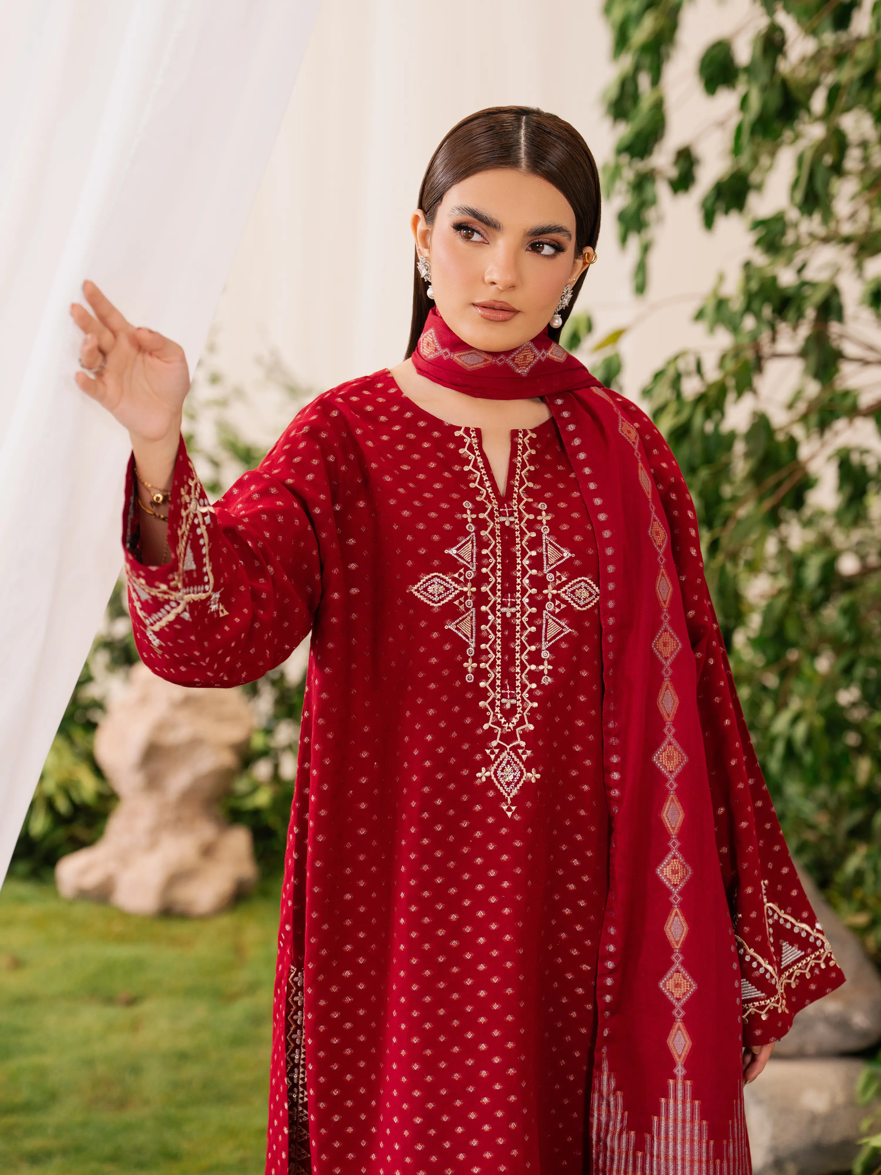 Embroidered Jamawar Suit - EWTKED6-86273-3P - Image 2