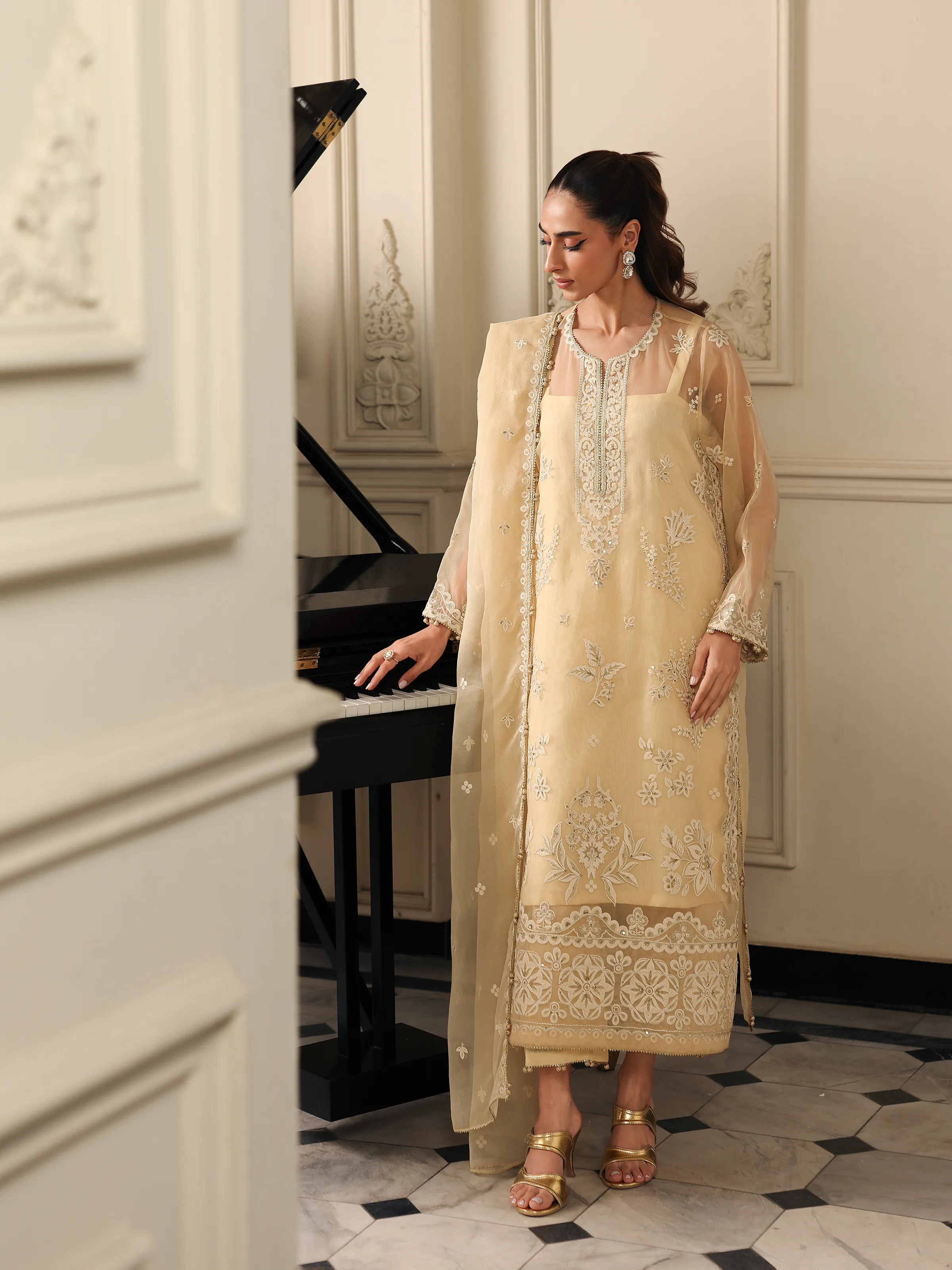 Embroidered Organza Suit - EWU5V4-31261-3P - Image 3