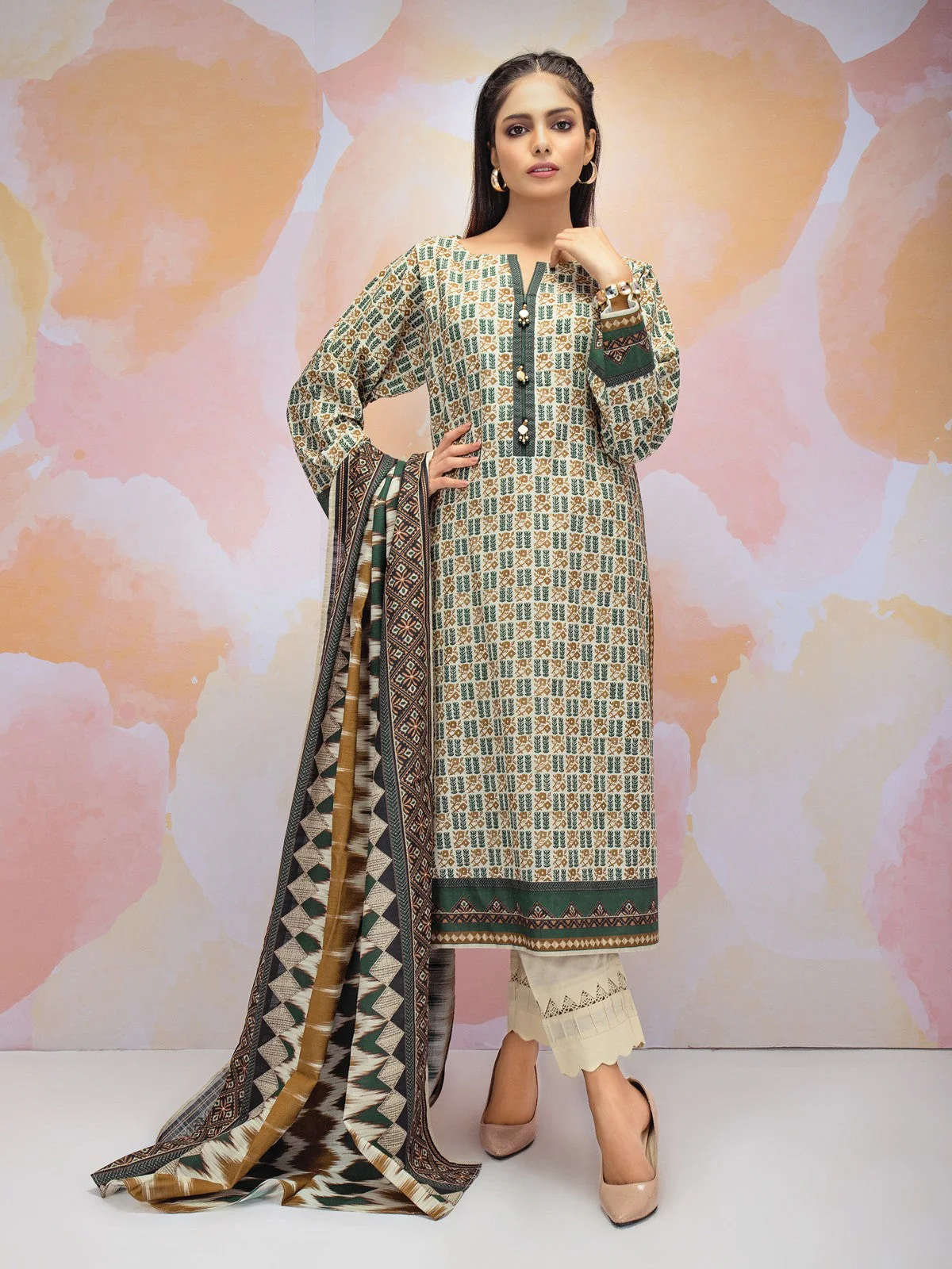 Printed Khaddar Shirt Dupatta - EWU21A9-21466A