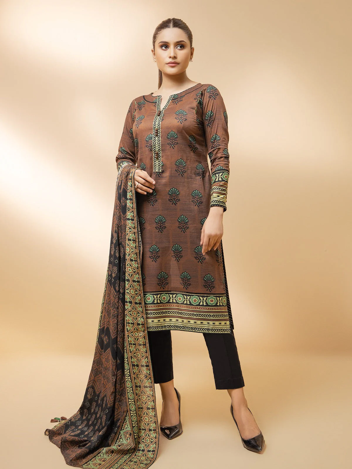 Printed Khaddar Shirt Dupatta - EWU21A9-21478A