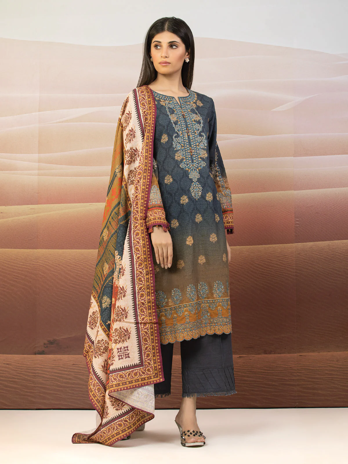 Embroidered Khaddar Shirt Dupatta - EWU22V11-25023SD