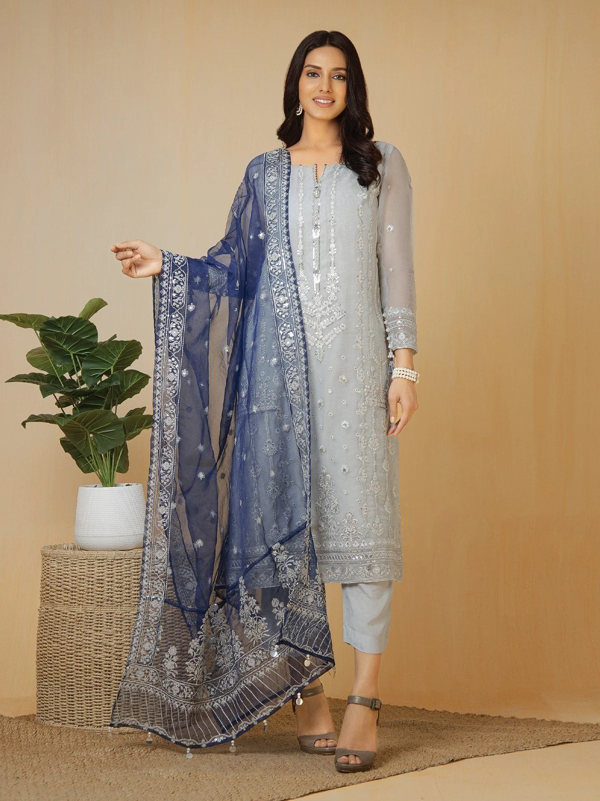 Embroidered Organza Suit - EWU22V4-23695