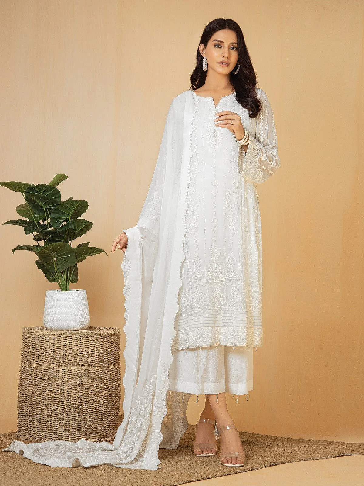 Embroidered Chiffon Shirt Trouser - EWU22V5-23591ST
