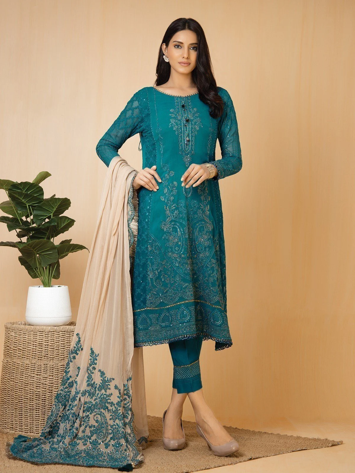 Embroidered Chiffon Suit - EWU22V5-23598
