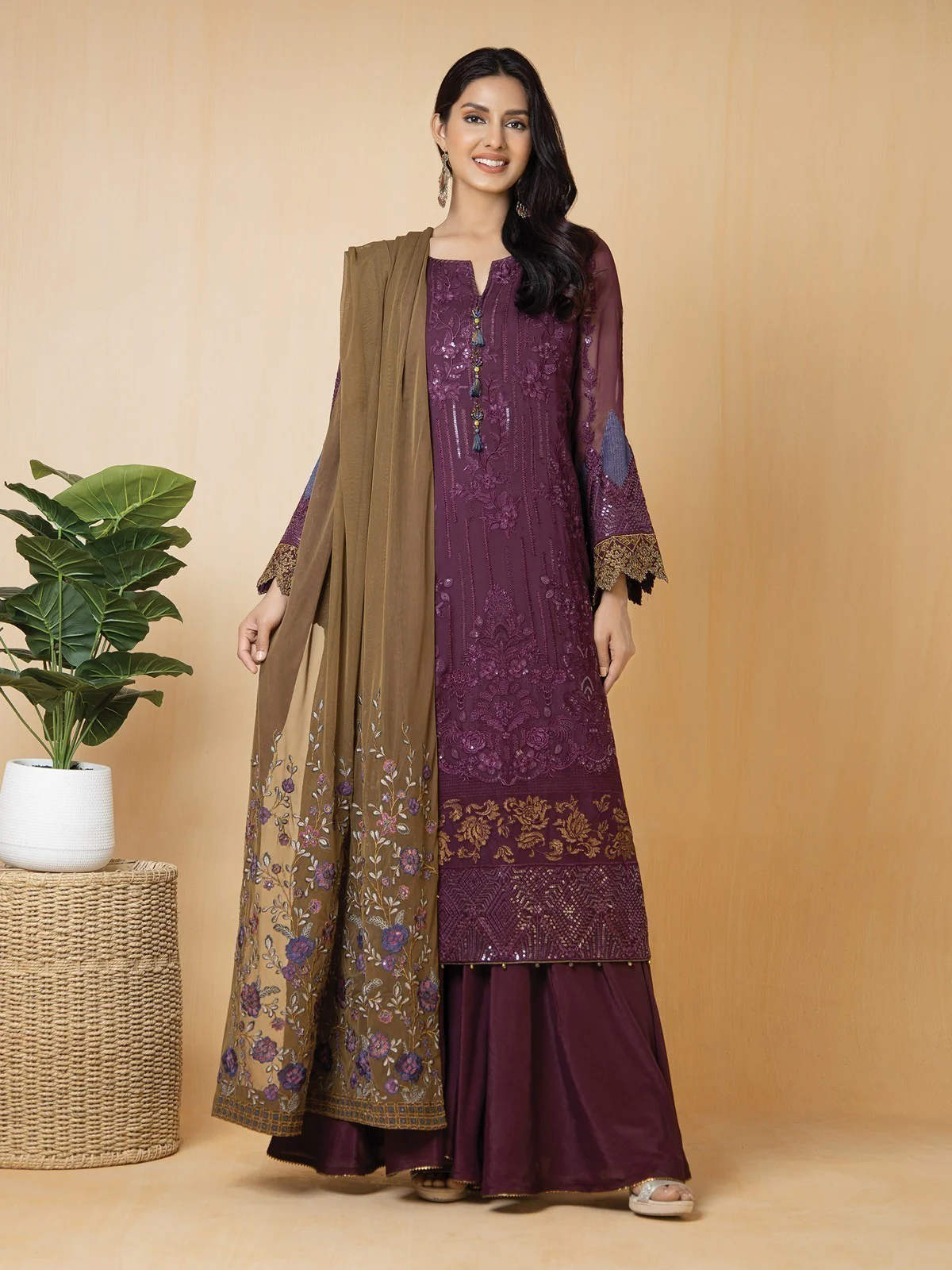 Embroidered Chiffon Suit - EWU22V5-23599