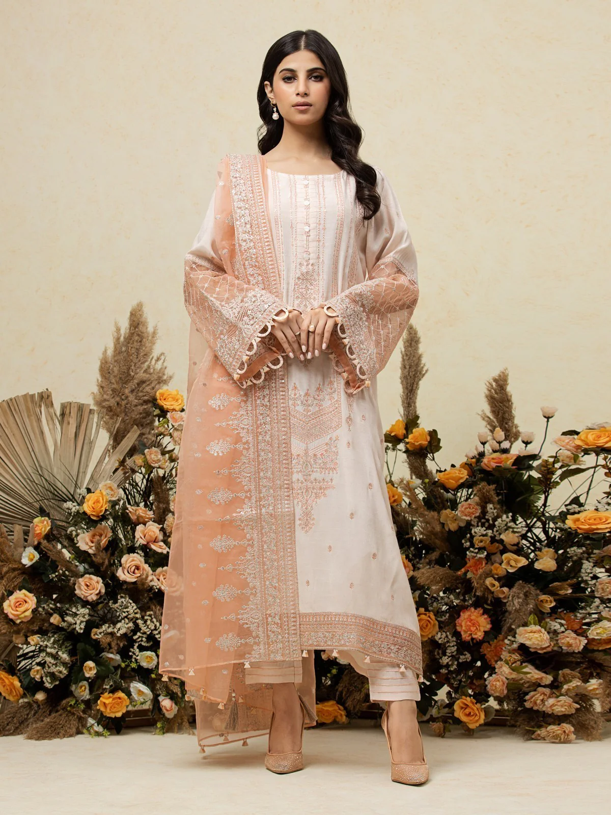 Embroidered Raw Silk Suit - EWU23V16-26636