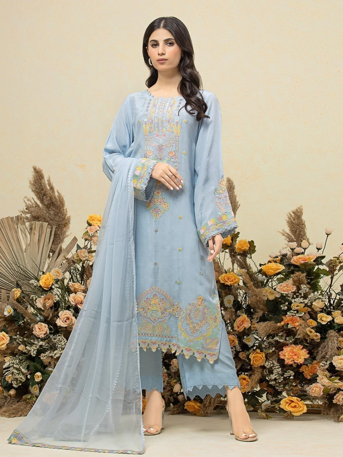 Embroidered Raw Silk Suit - EWU23V16-26665