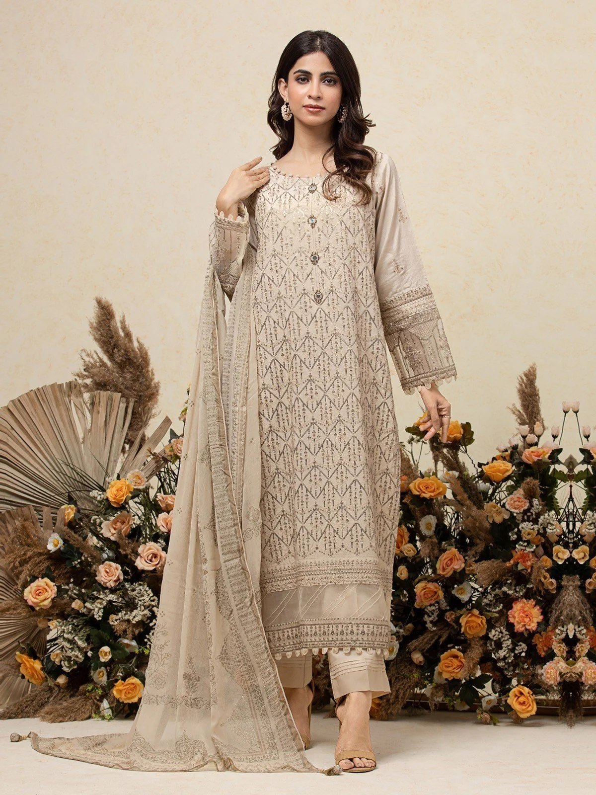 Embroidered Raw Silk Suit - EWU23V16-26671