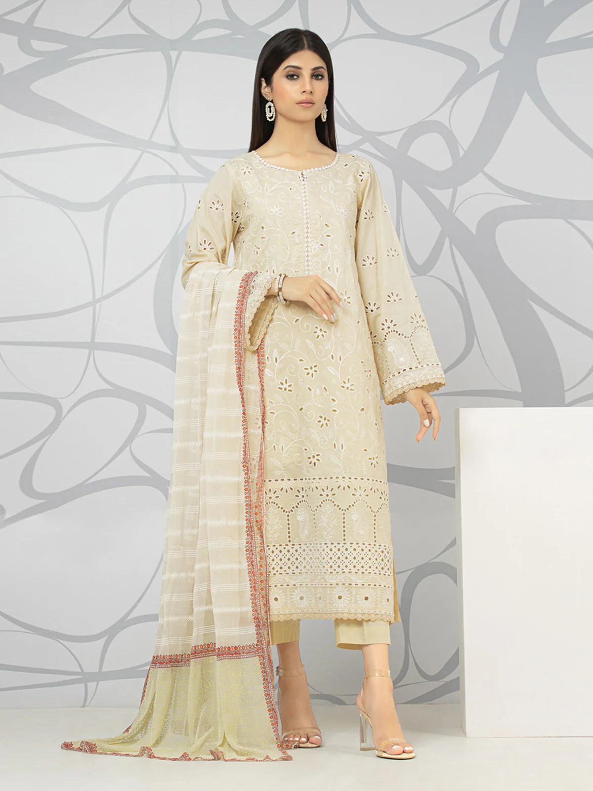 Embroidered Dobby Shirt Dupatta - EWU23V7-23754SD