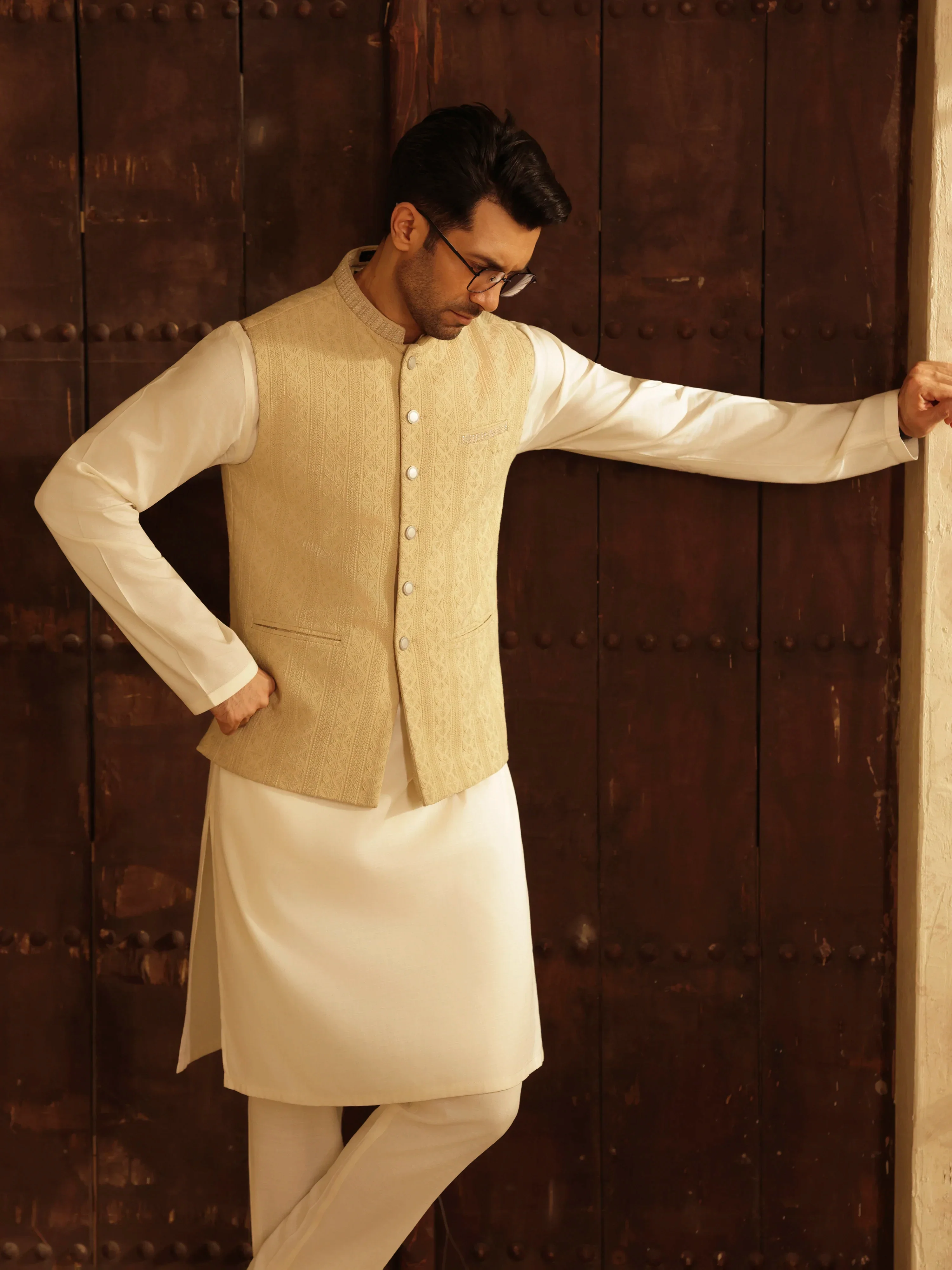 Embroidered Dobby Waistcoat Suit - ECMTWCS5-035 - Image 2