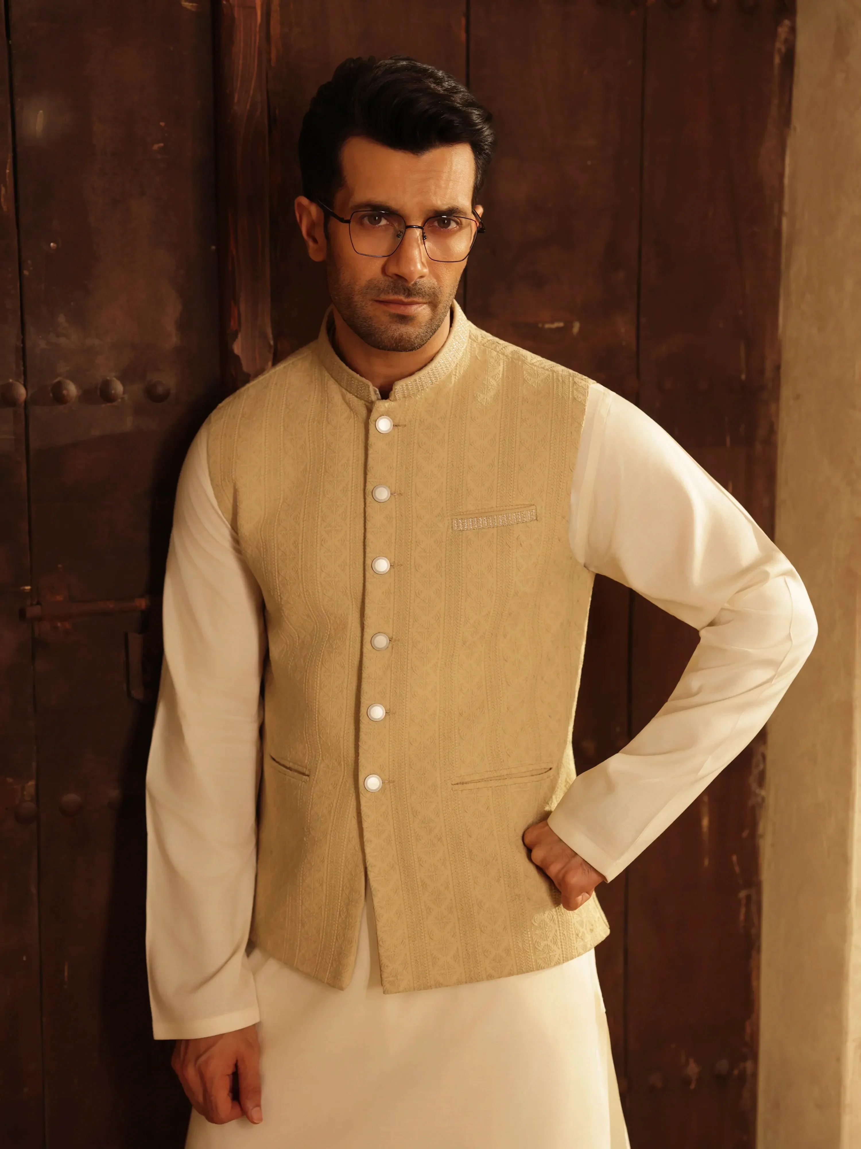 Embroidered Dobby Waistcoat Suit - ECMTWCS5-035 - Image 4
