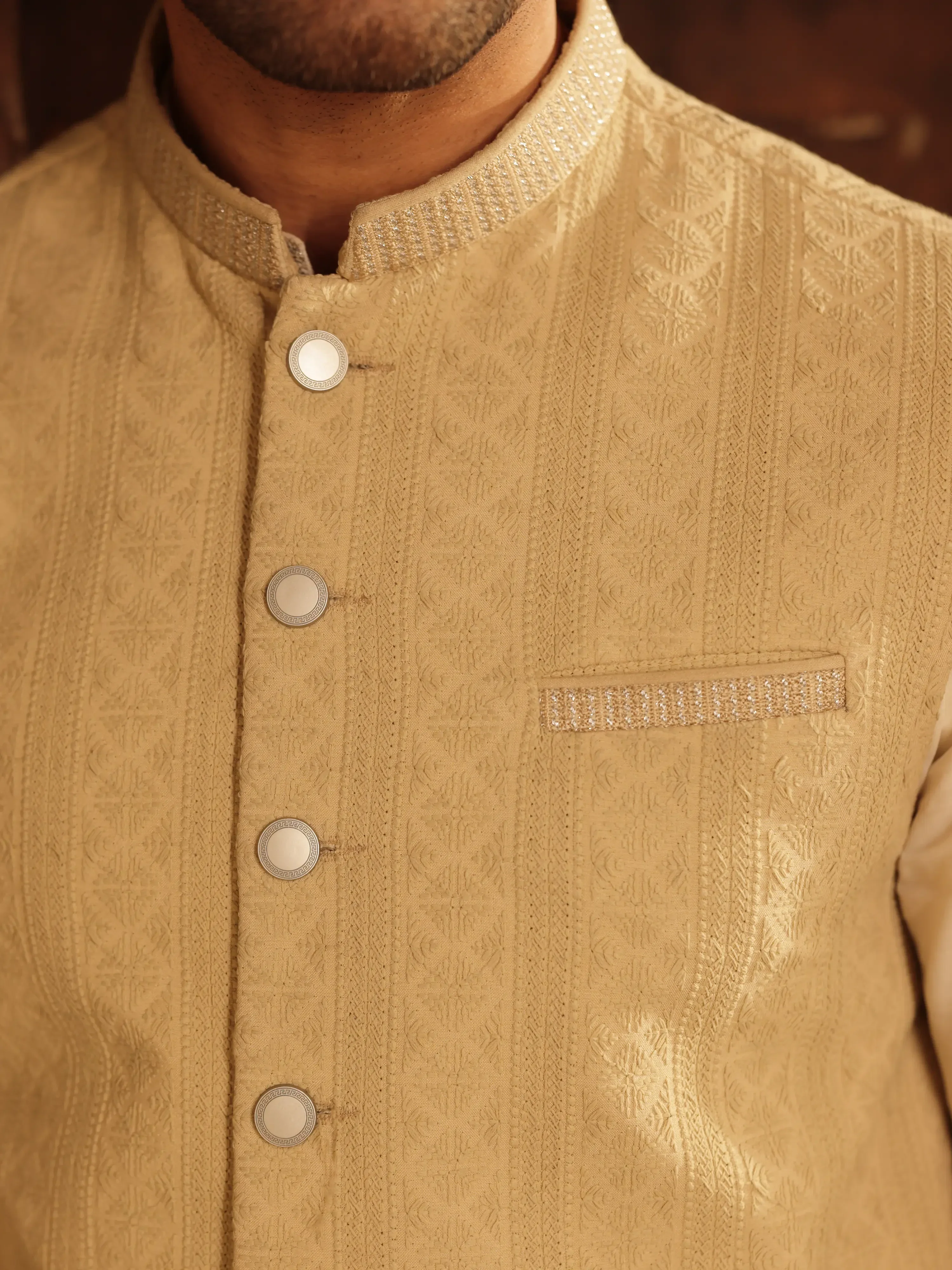 Embroidered Dobby Waistcoat Suit - ECMTWCS5-035 - Image 5