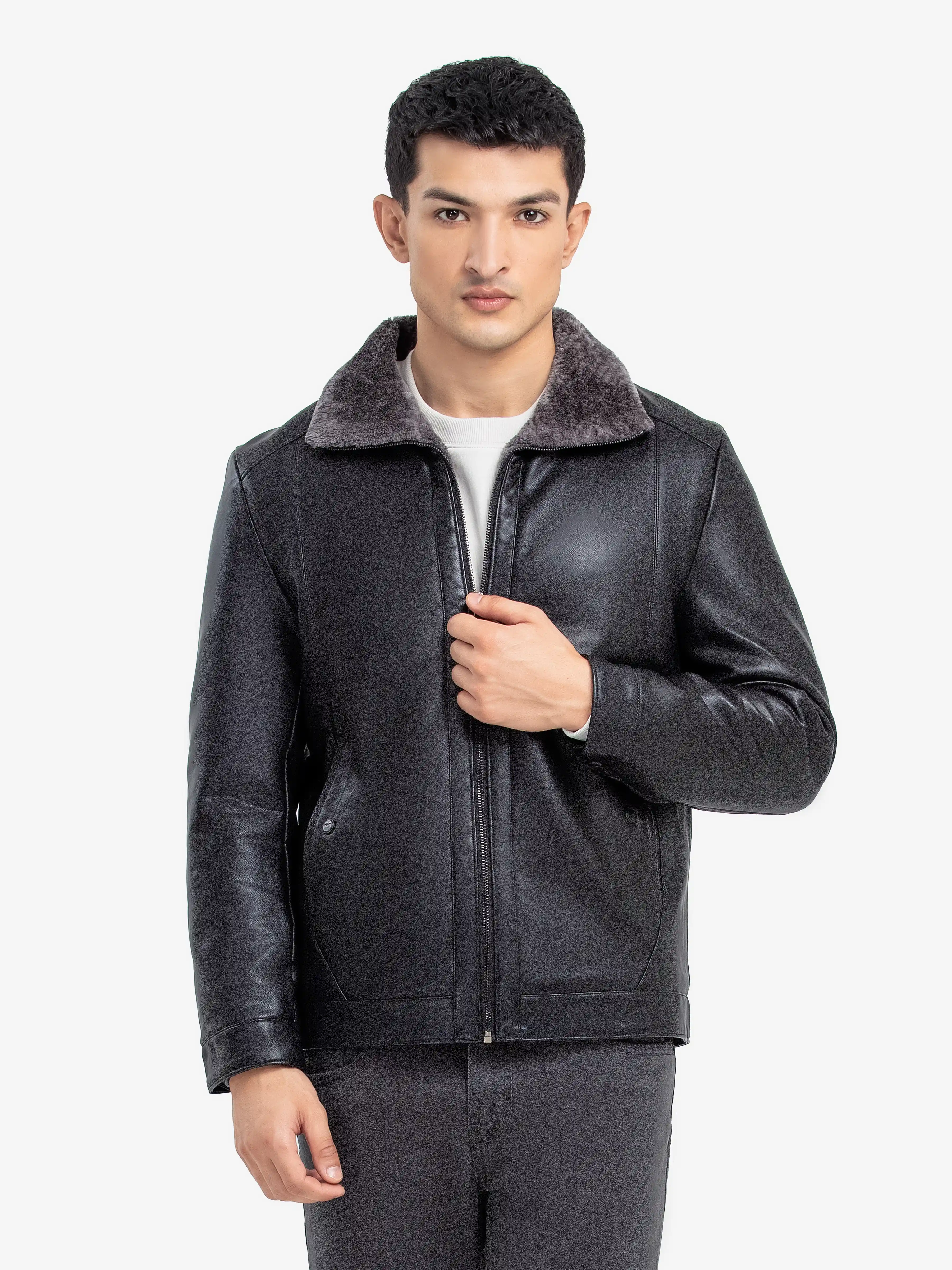 Fur Collar Leather Jacket - EMTJ24-024