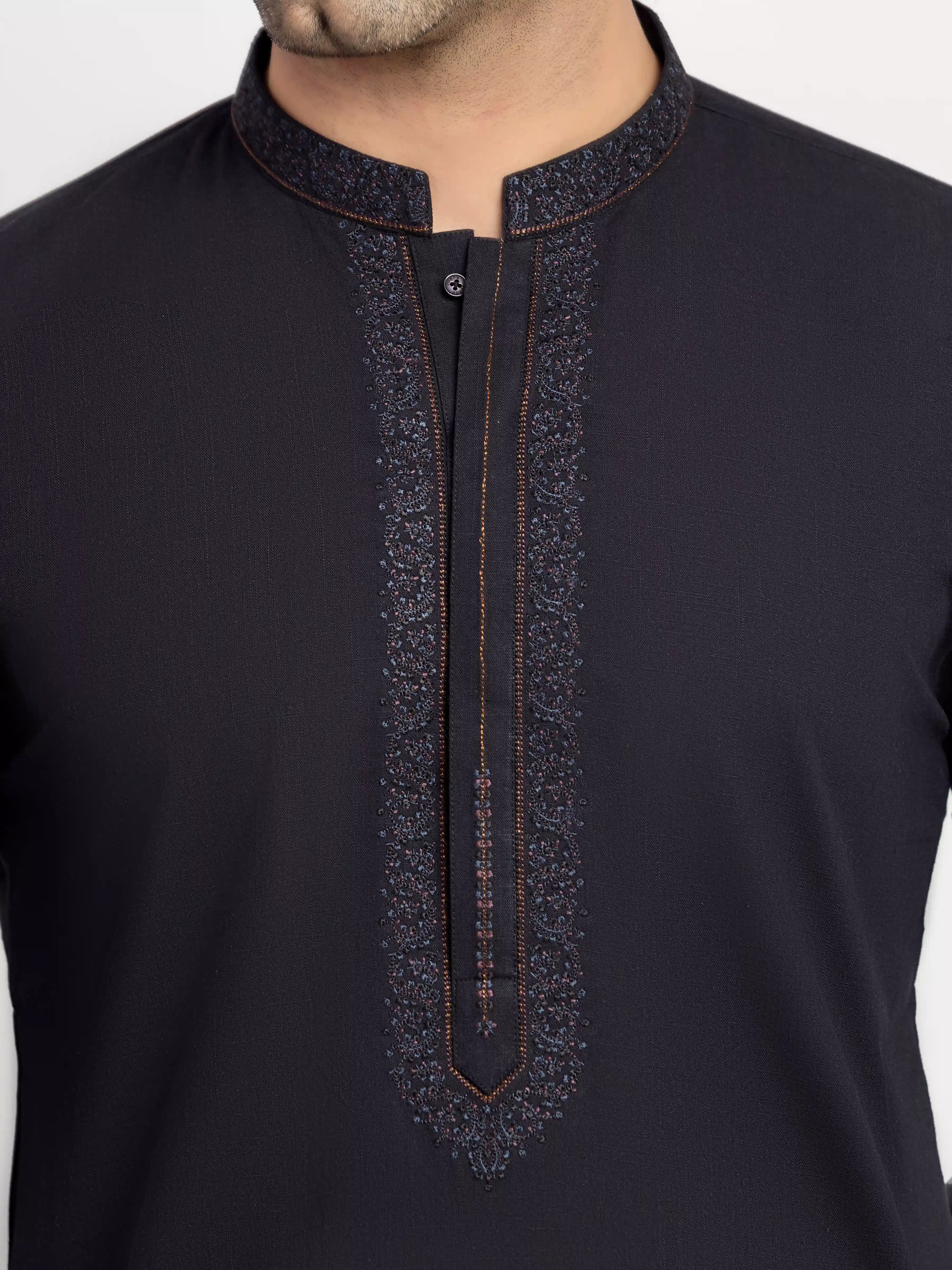 Embroidered Cotton Slub Kurta Pajama - EMTKPT6-104 - Image 3