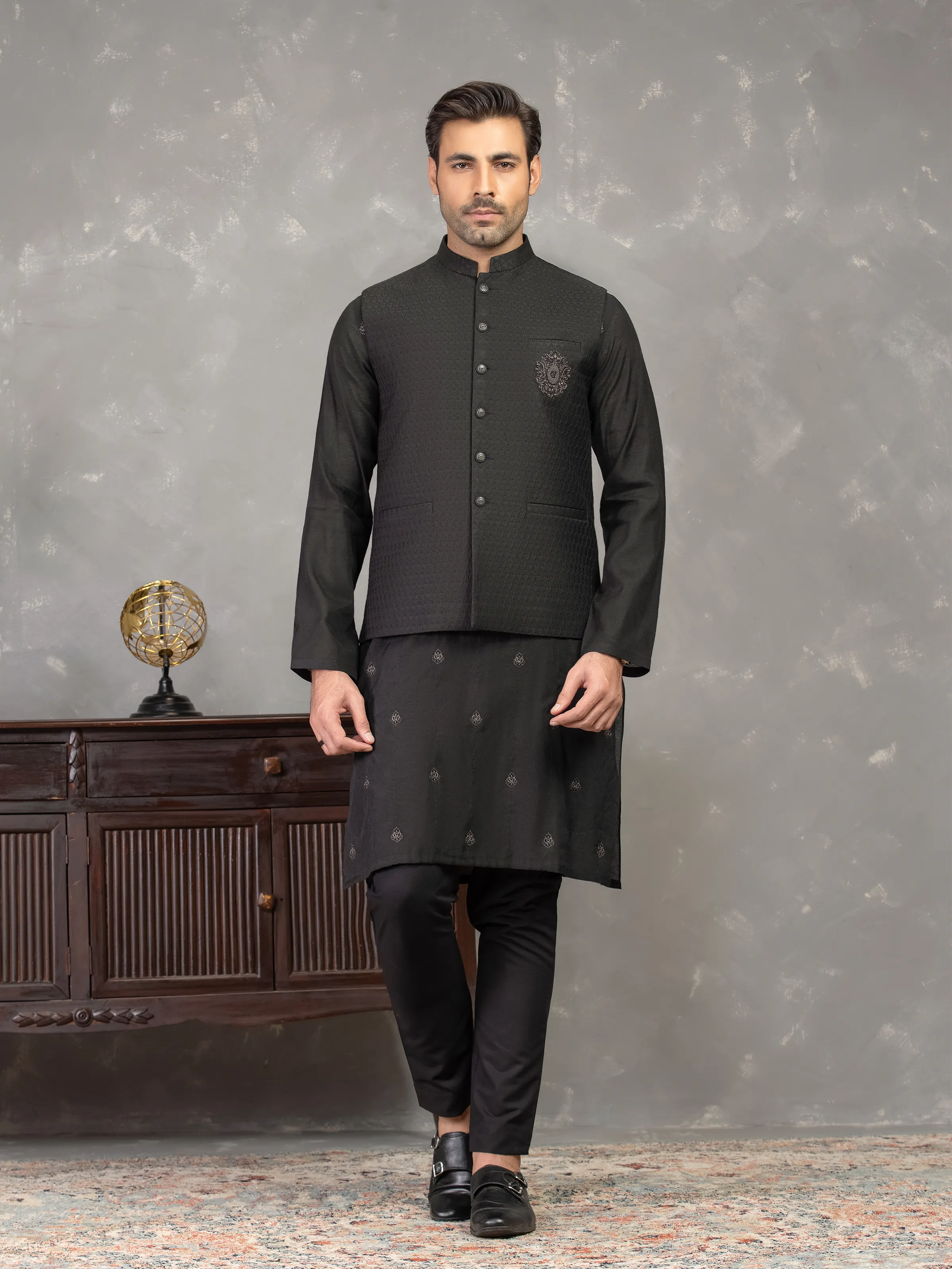 Men's Black Waist Coat Suit - EMTWCSC5-018