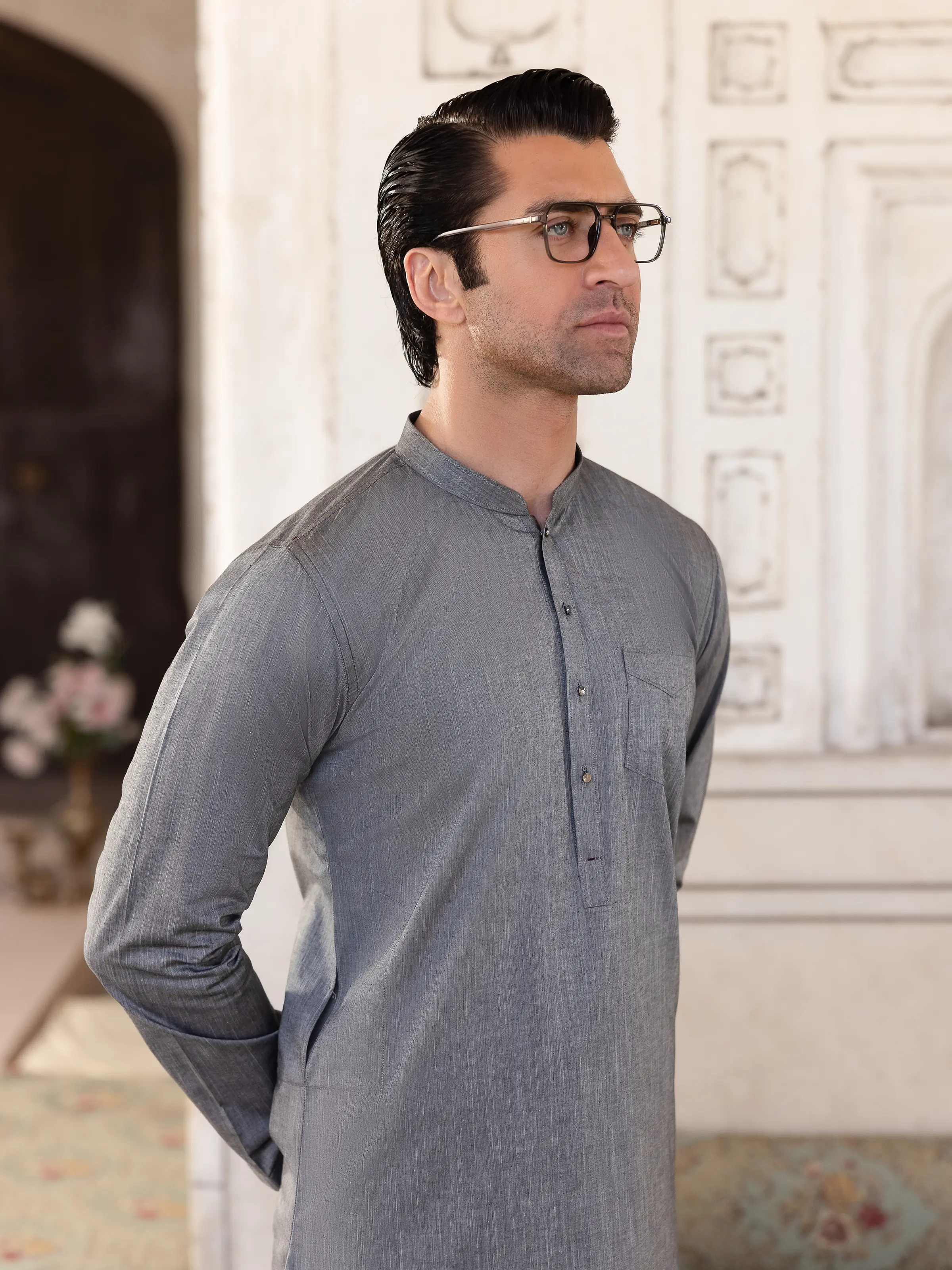 Embroidered Chambray Kurta Pajama - EMTKPT5-056 - Image 2
