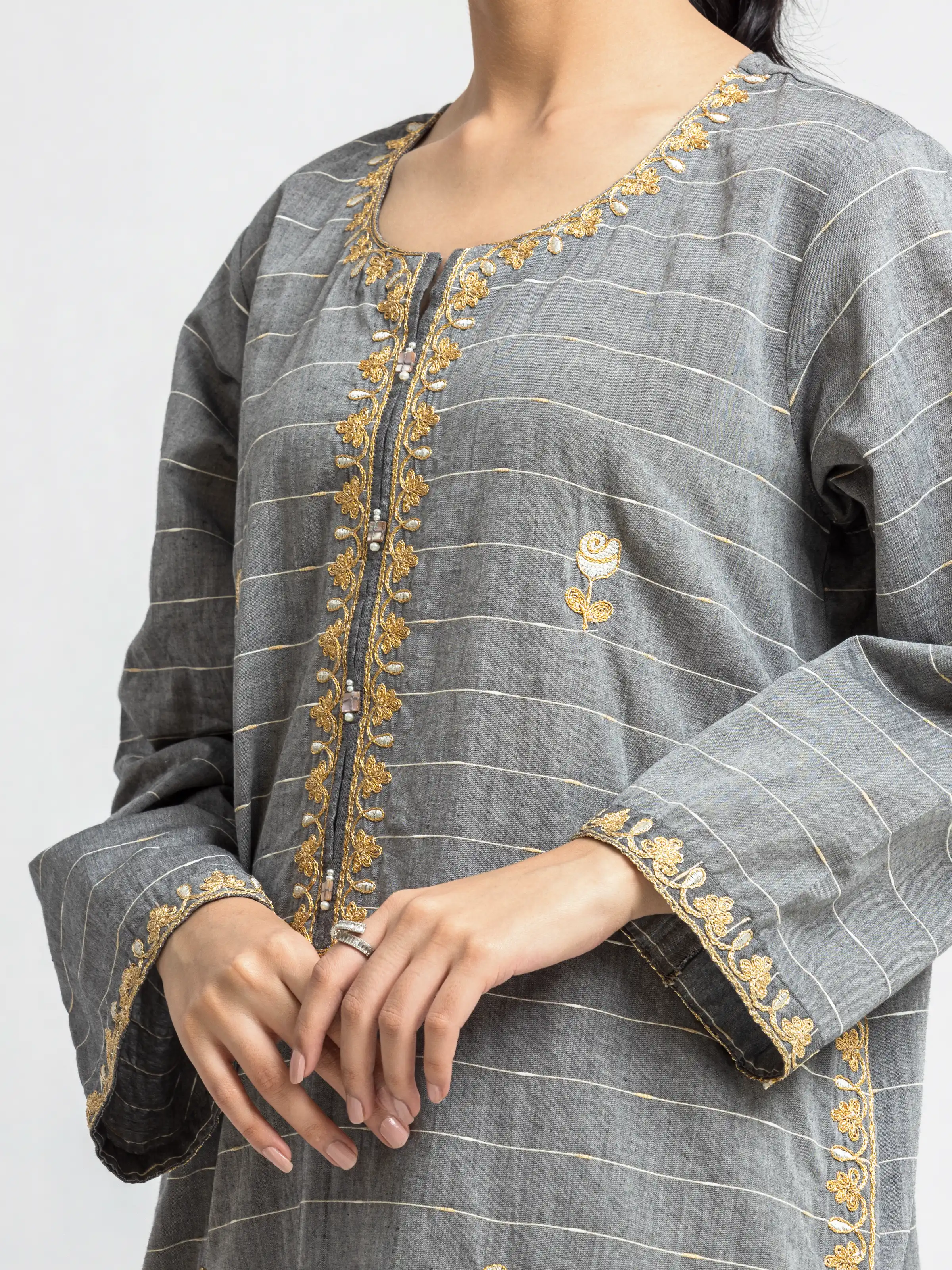 Embroidered Cotton Jacquard Shirt Trouser - EWTKE24-69693ST - Image 3