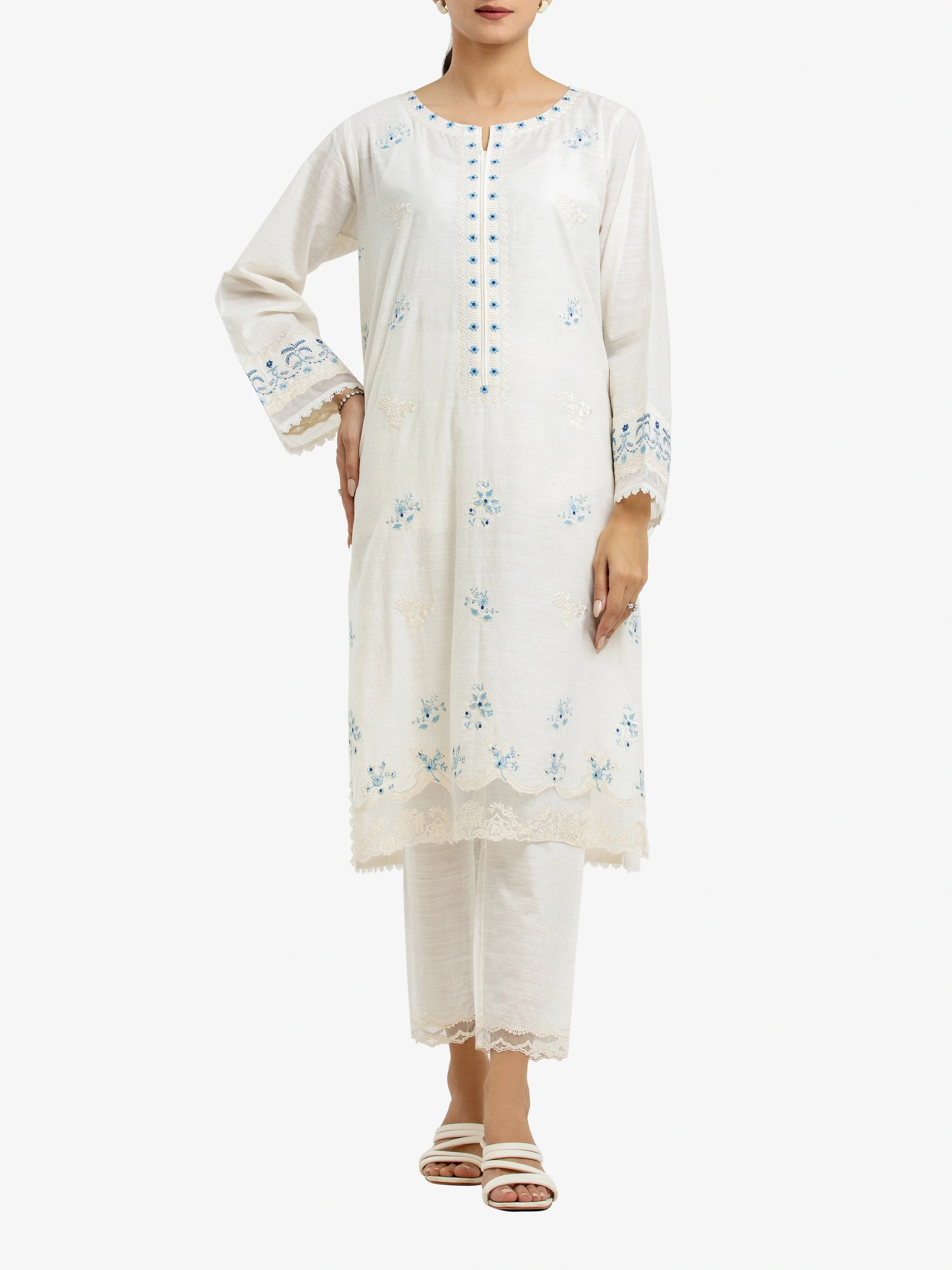 Embroidered Cotton Slub Shirt Trouser - EWTKE24-81173ST