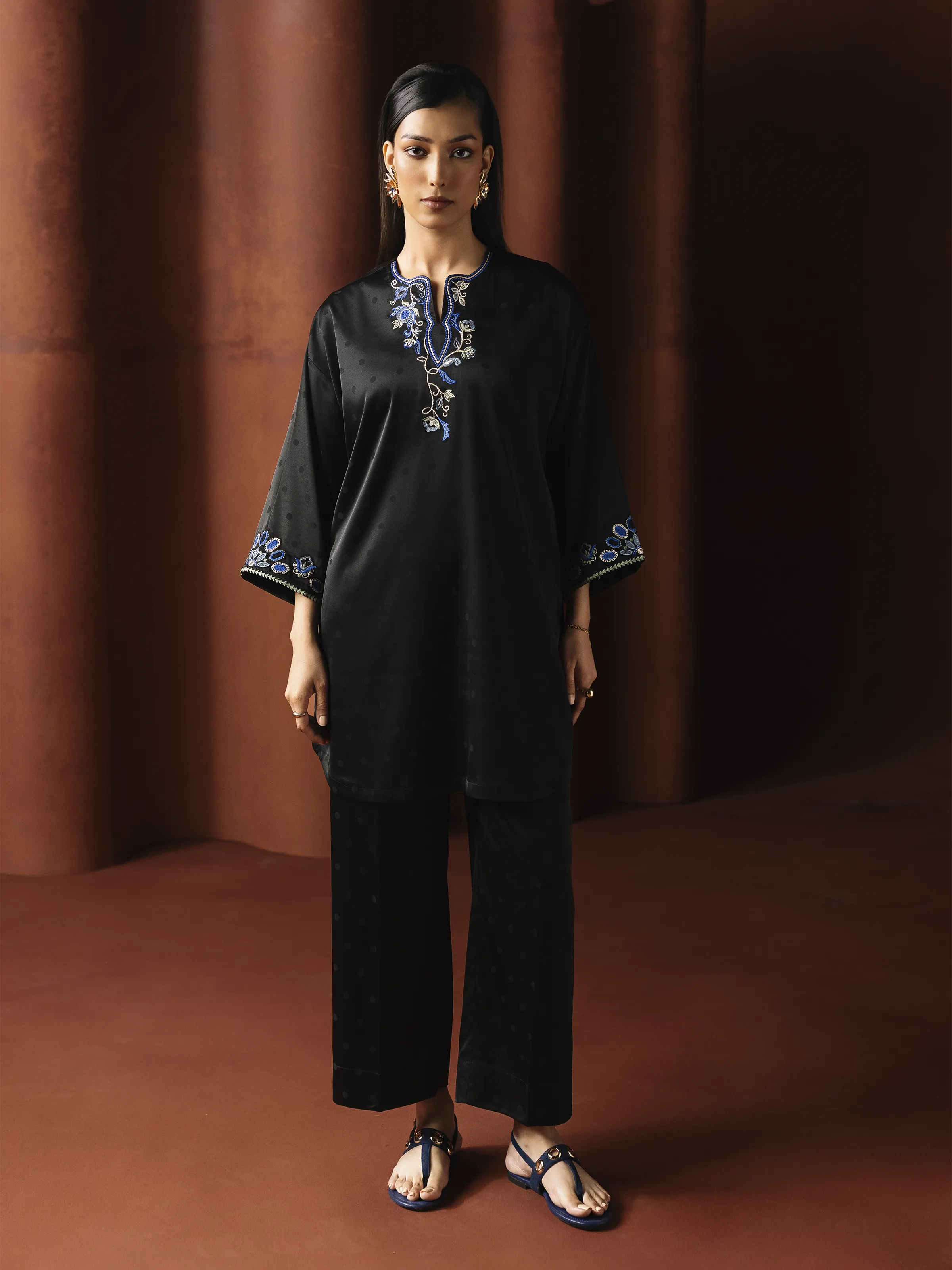Embroidered Cotton Satin Co-Ord Set - EWTKED6-86156ST