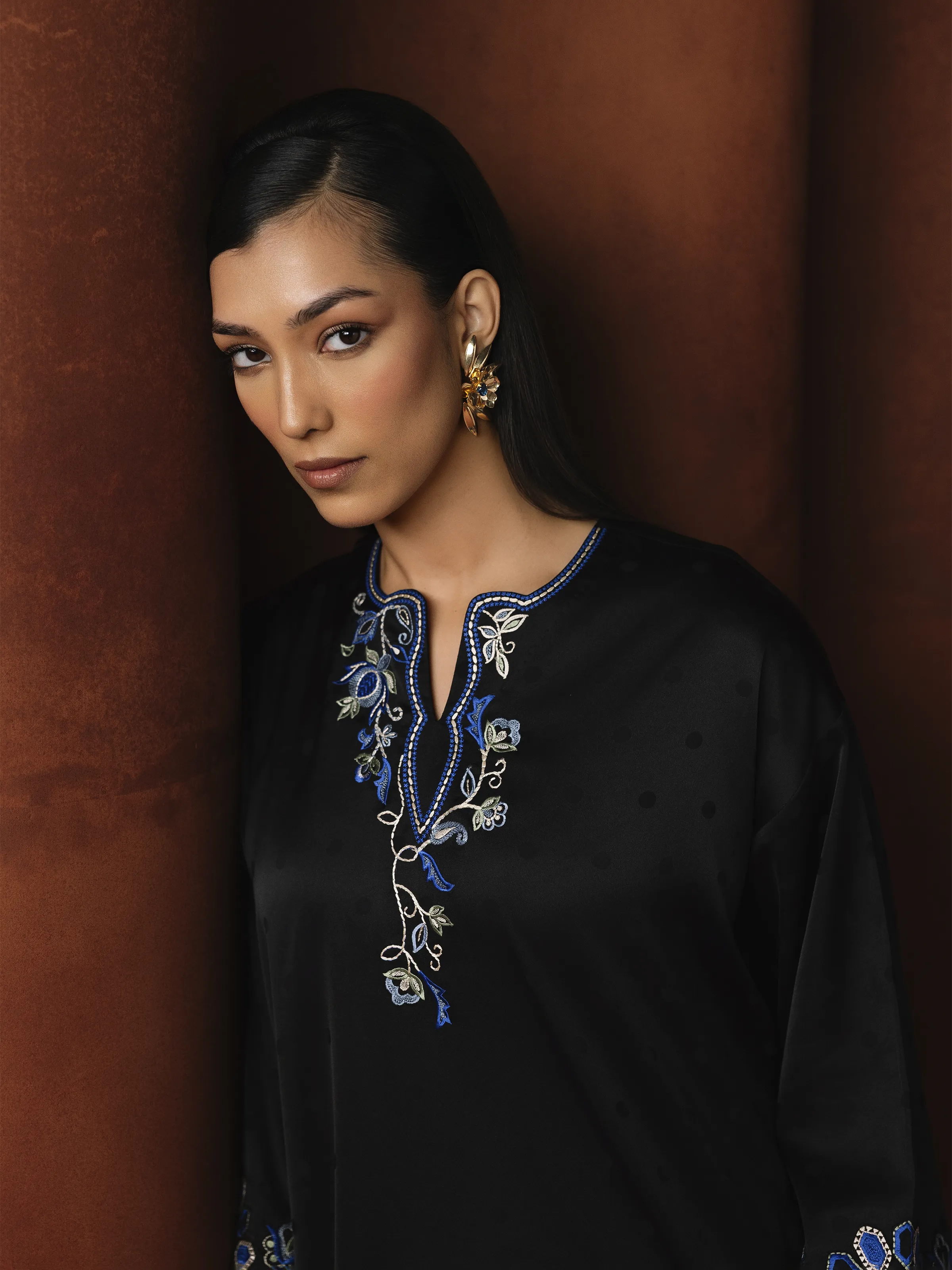 Embroidered Cotton Satin Co-Ord Set - EWTKED6-86156ST - Image 2