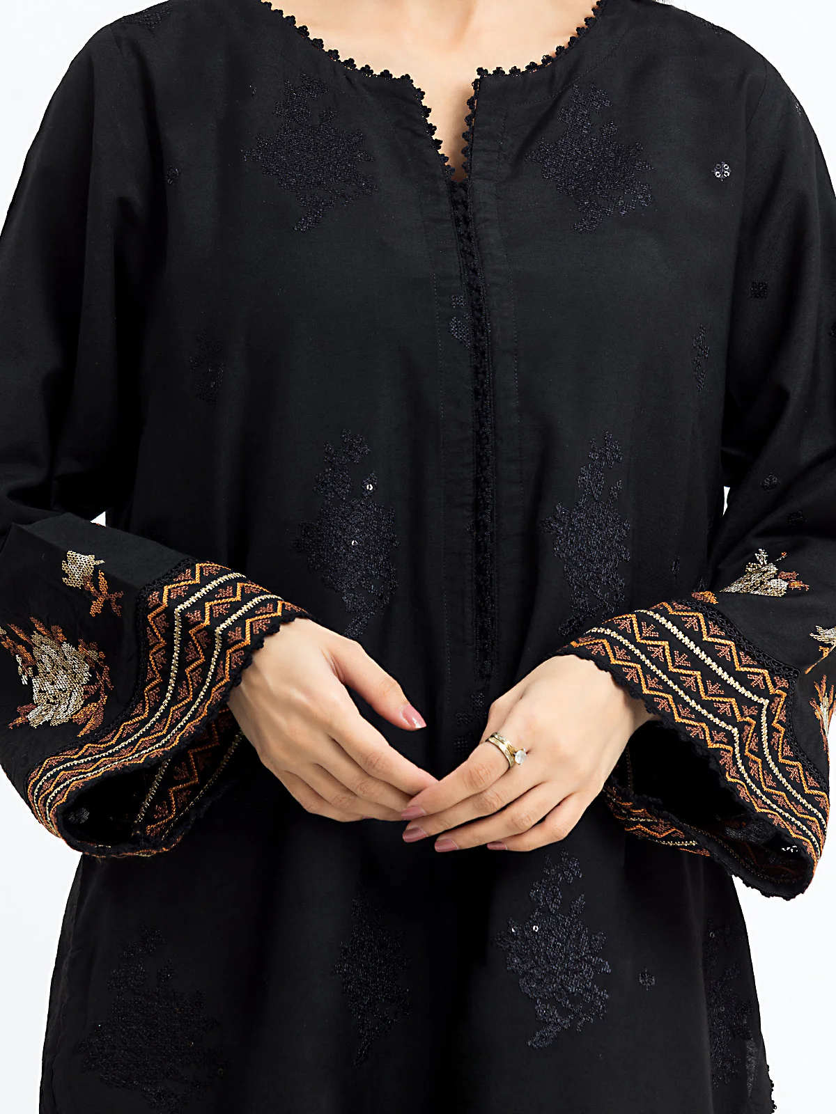 Embroidered Cotton Satin Suit - EWTKE24-69694-3P - Image 3