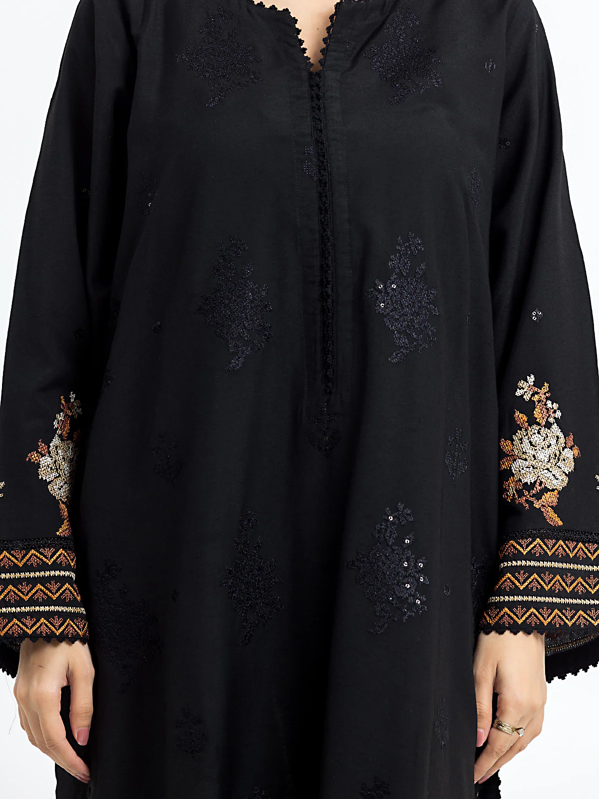 Embroidered Cotton Satin Suit - EWTKE24-69694-3P - Image 4