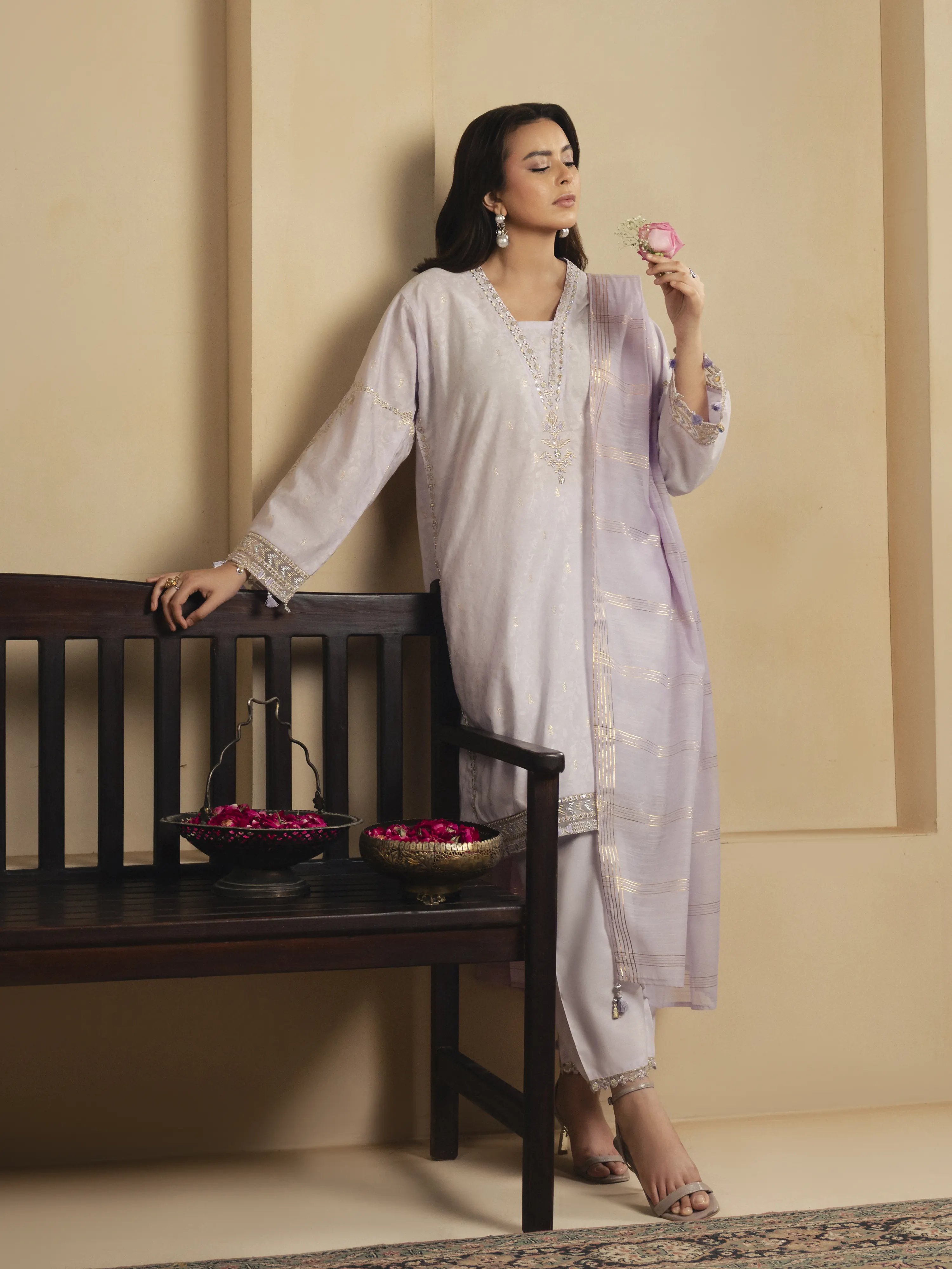 Embroidered Jacquard Suit - EWTKED6-86137-3P - Image 5