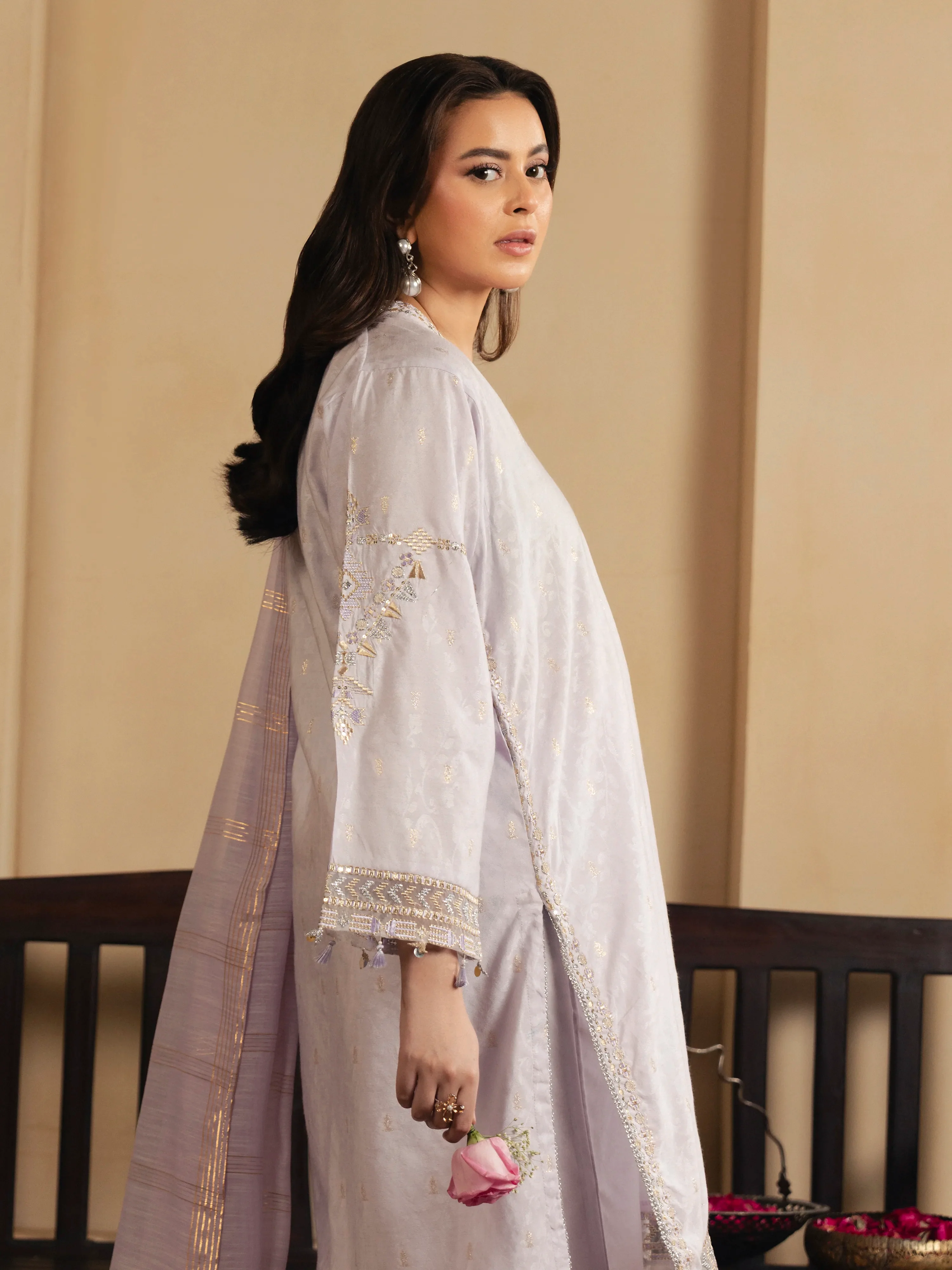 Embroidered Jacquard Suit - EWTKED6-86137-3P - Image 6