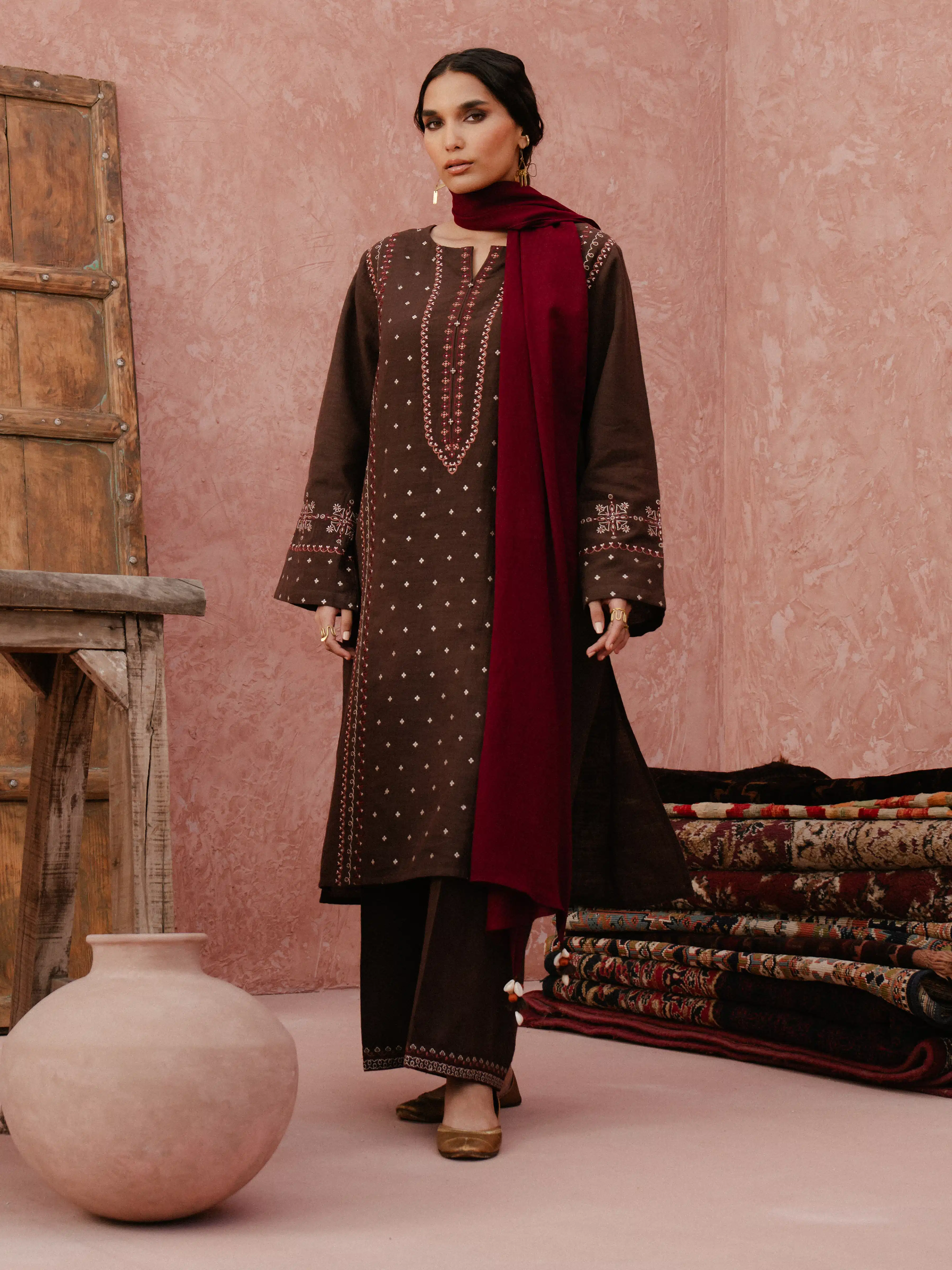 Embroidered Khaddar Suit - EWTKE24-81372-3P