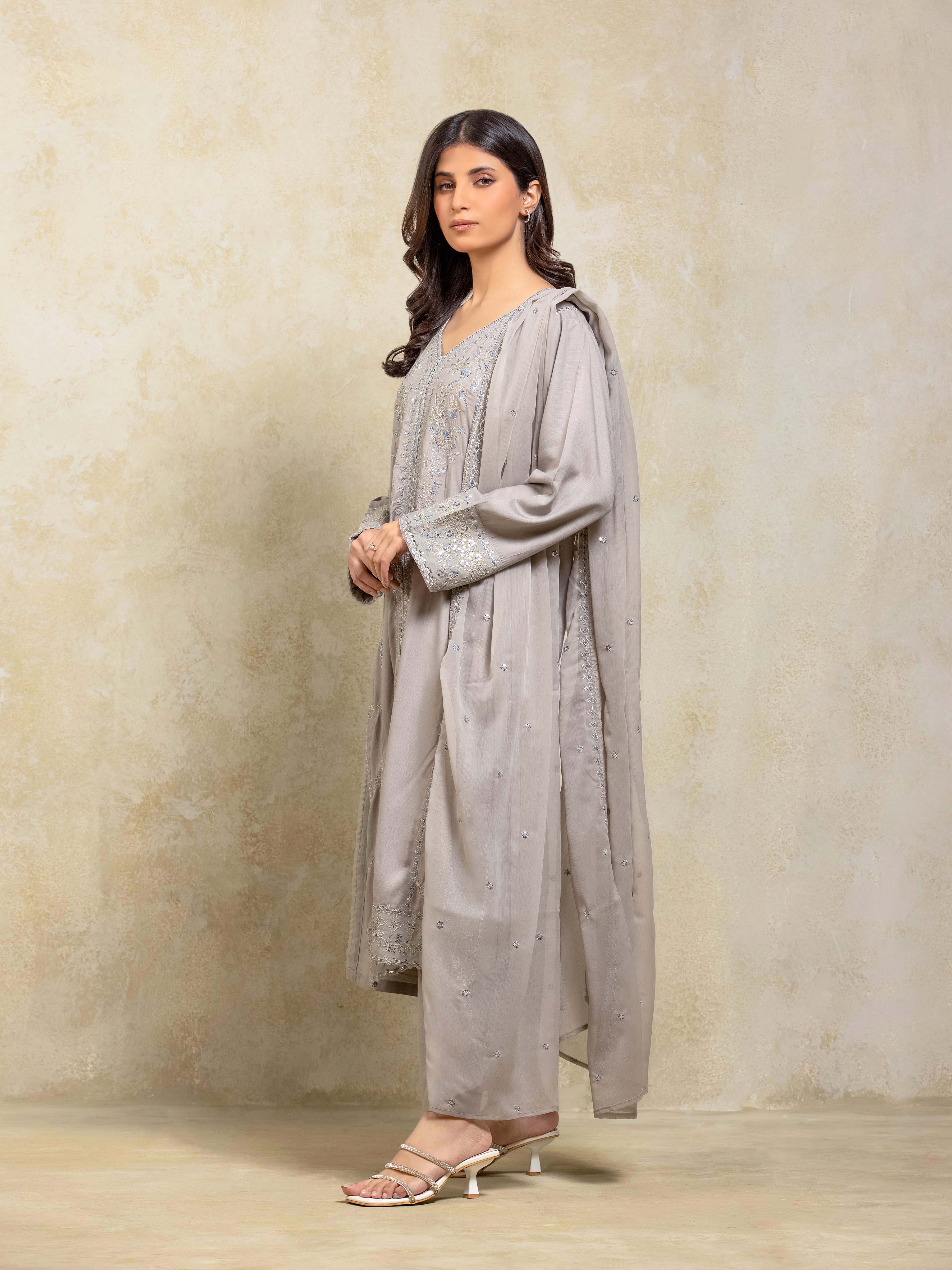 Embroidered Raw Silk Suit - EWTPLE24-00037-3P - Image 5
