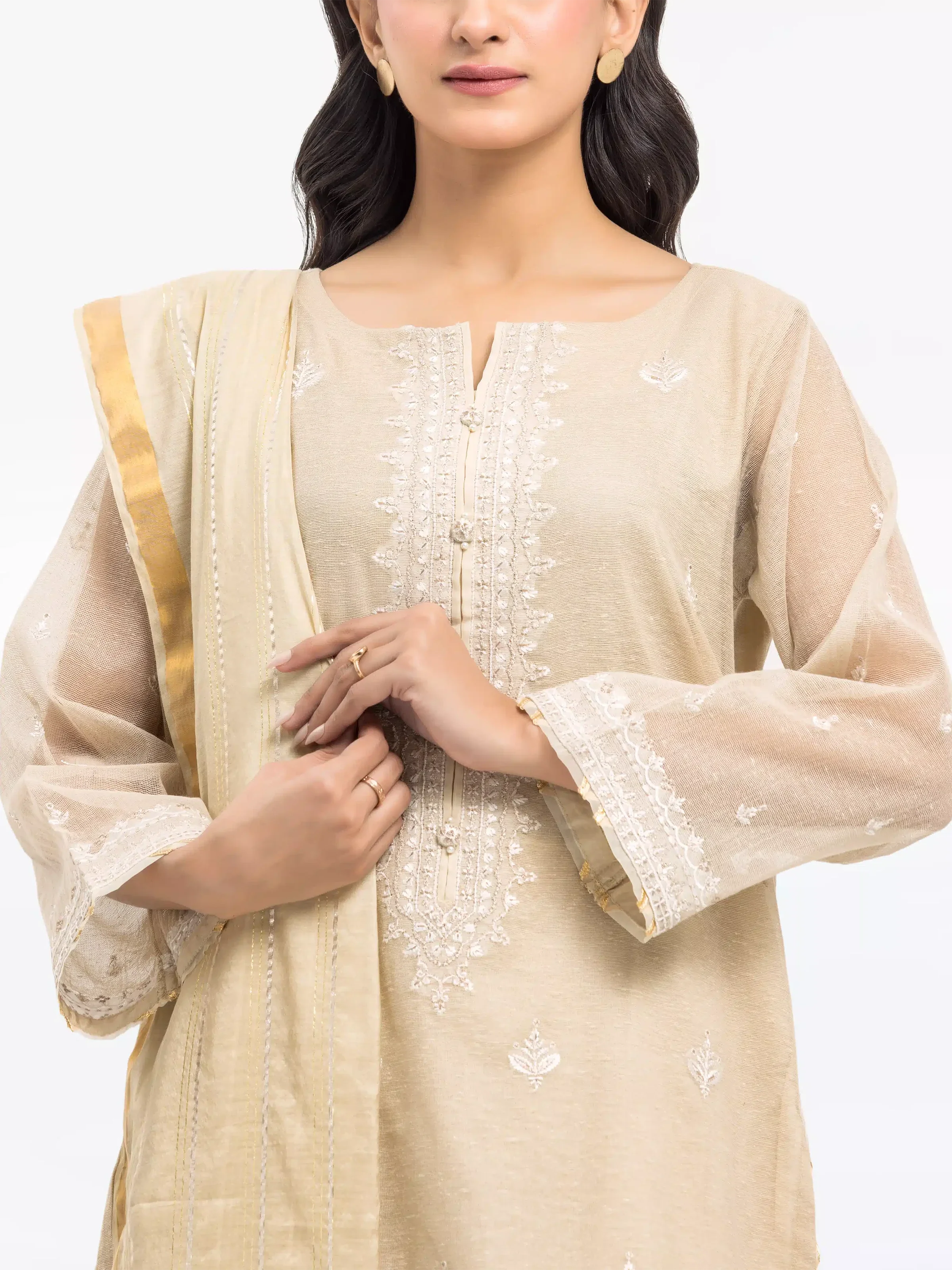 Embroidered Cotton Net Suit - EWTPLE24-00033-3P - Image 2