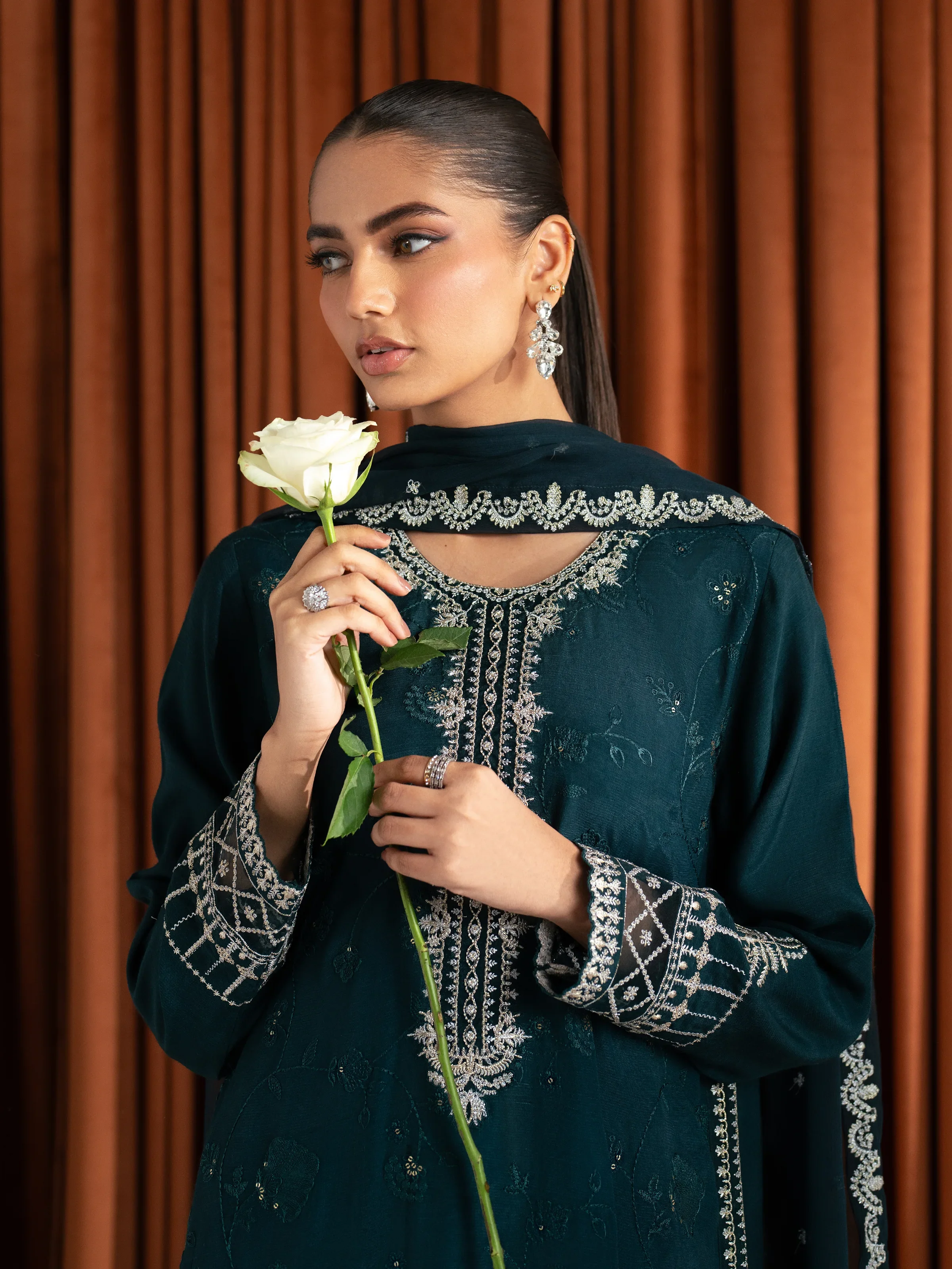Embroidered Raw Silk Suit - EWTPLE24-00039-3P - Image 3