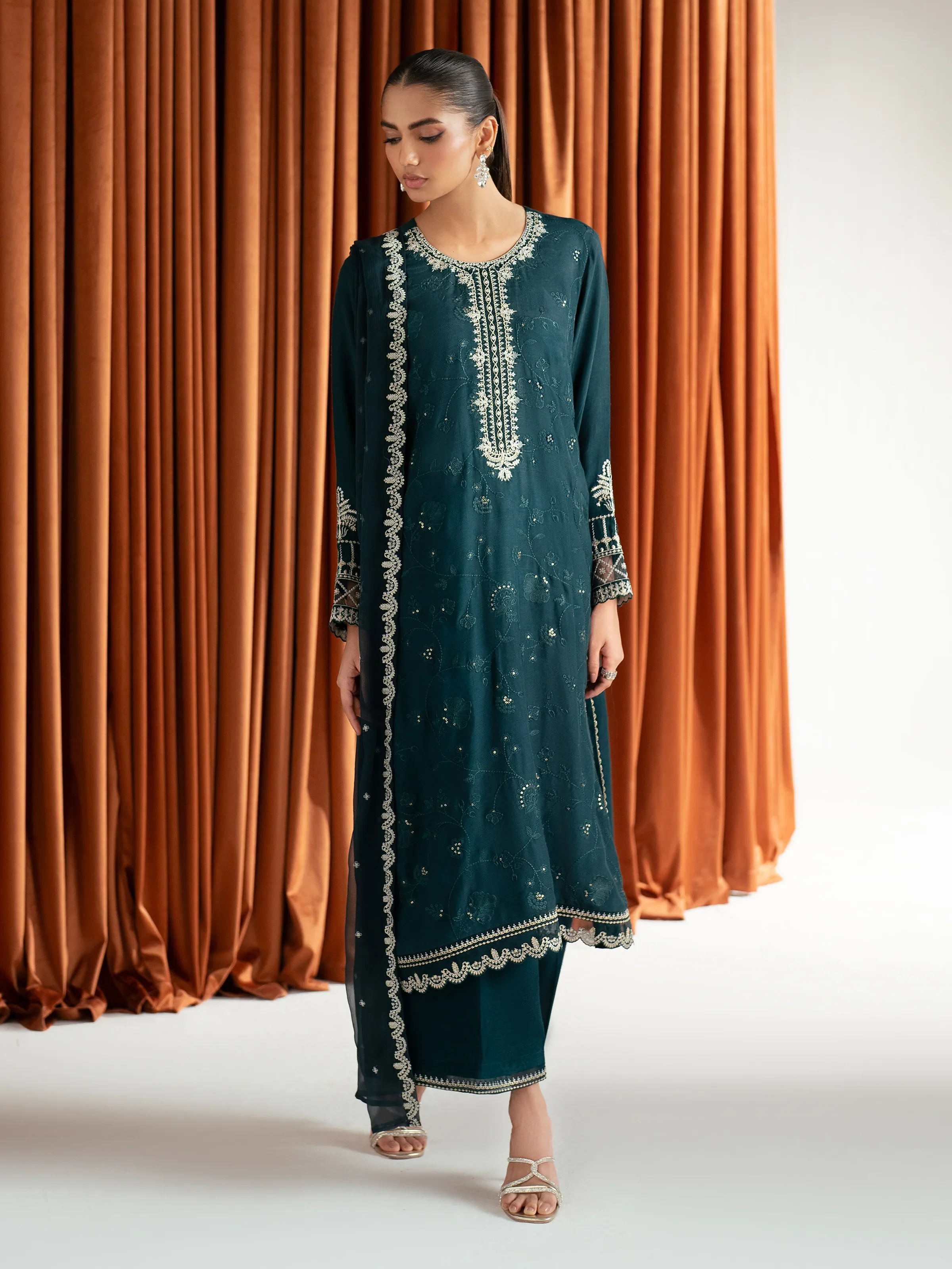 Embroidered Raw Silk Suit - EWTPLE24-00039-3P - Image 4