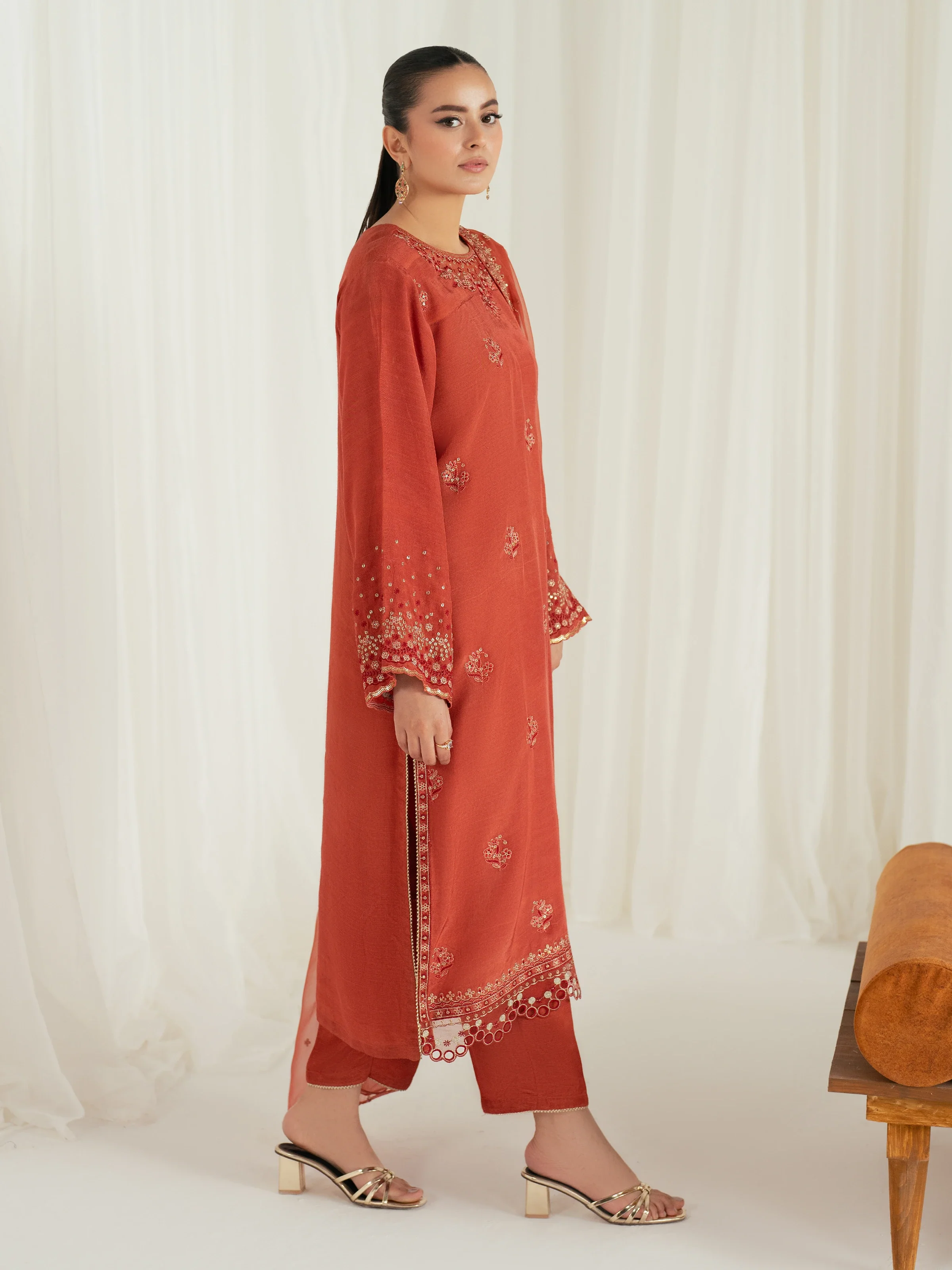 Embroidered Raw Silk Suit - EWTPLE24-00040-3P - Image 4