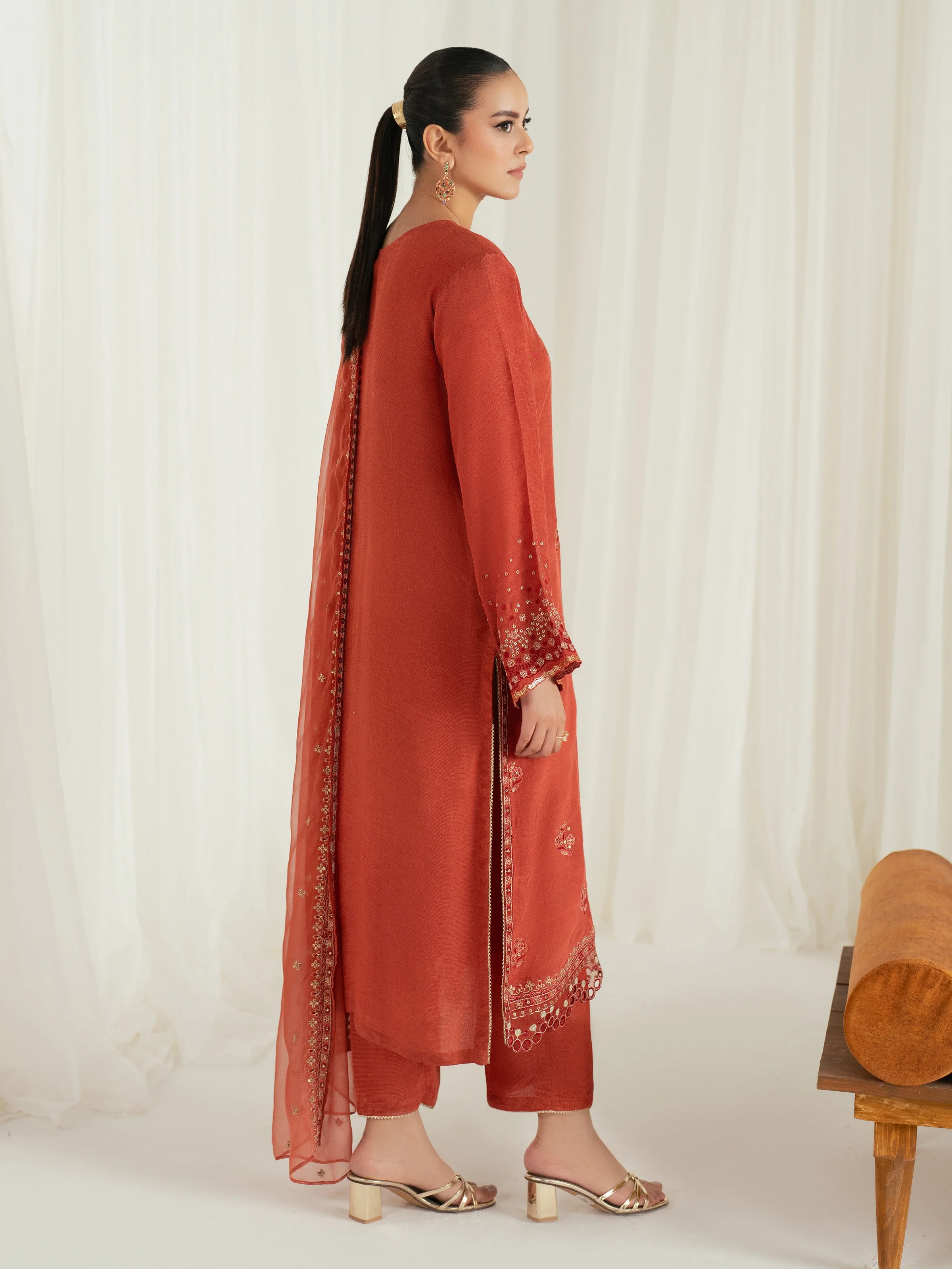 Embroidered Raw Silk Suit - EWTPLE24-00040-3P - Image 5