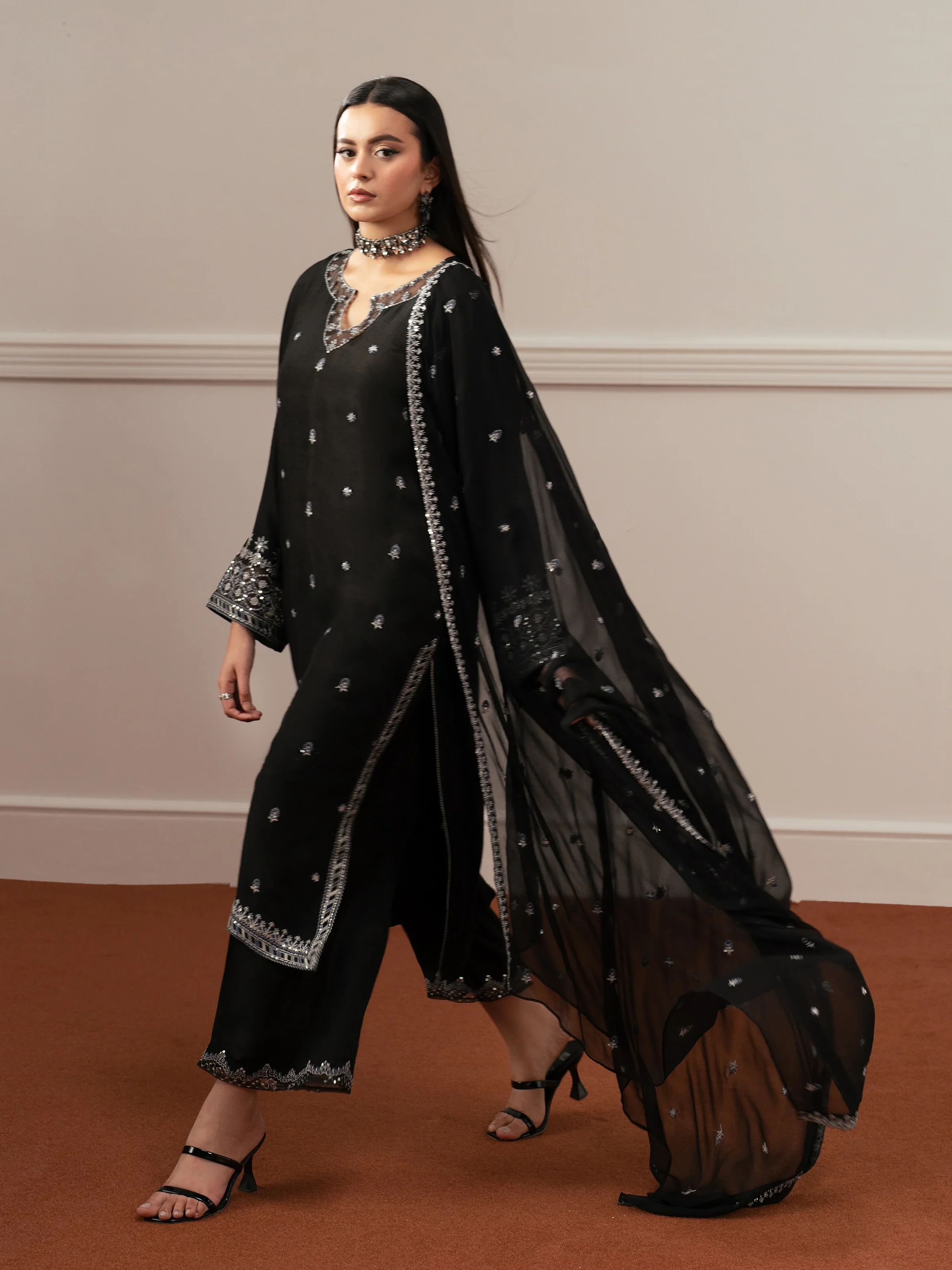 Embroidered Raw Silk Suit - EWTPLE24-00042-3P - Image 5