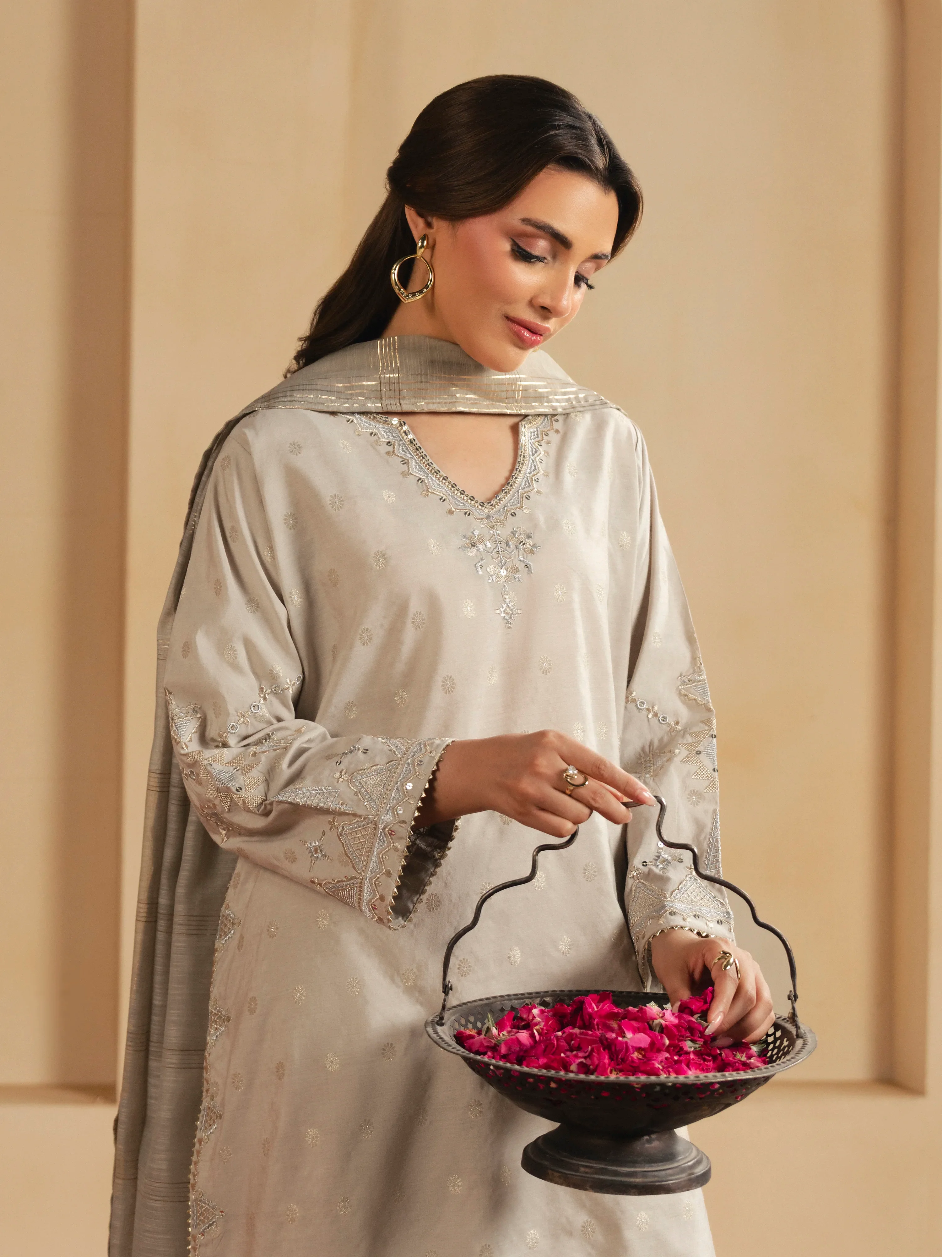 Embroidered Jacquard Suit - EWTKED6-86135-3P - Image 2