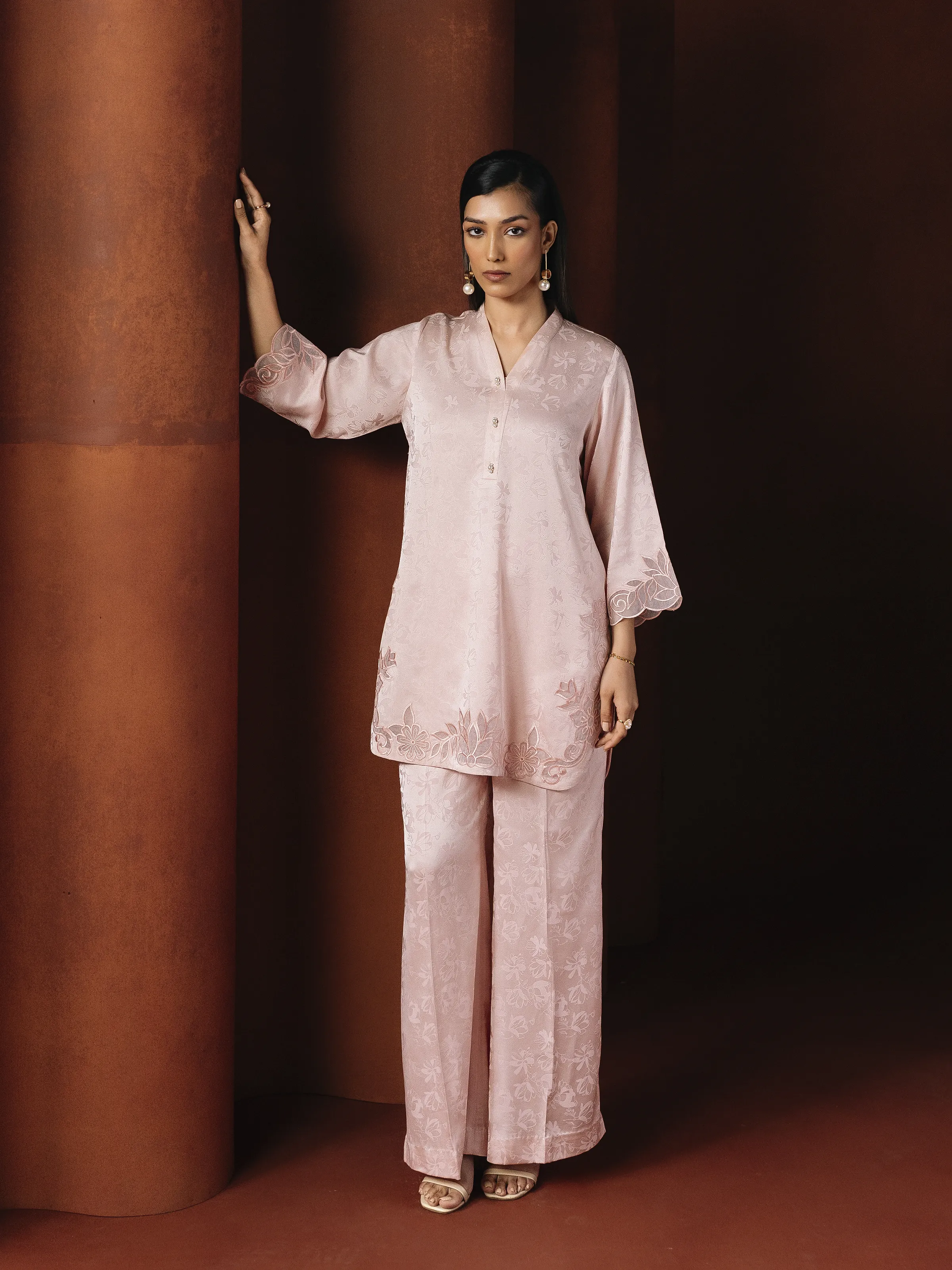 Embroidered Cotton Satin Co-Ord Set - EWTKED6-86150ST