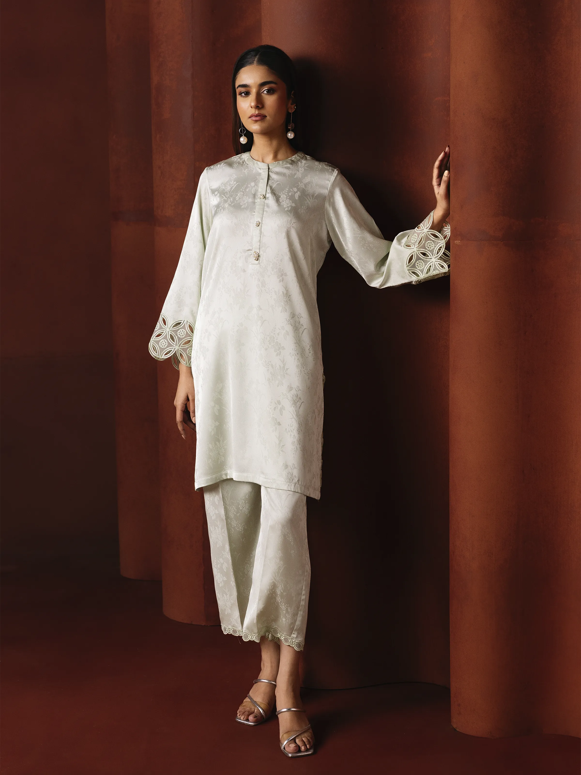 Embroidered Cotton Satin Co-Ord Set - EWTKED6-86159ST