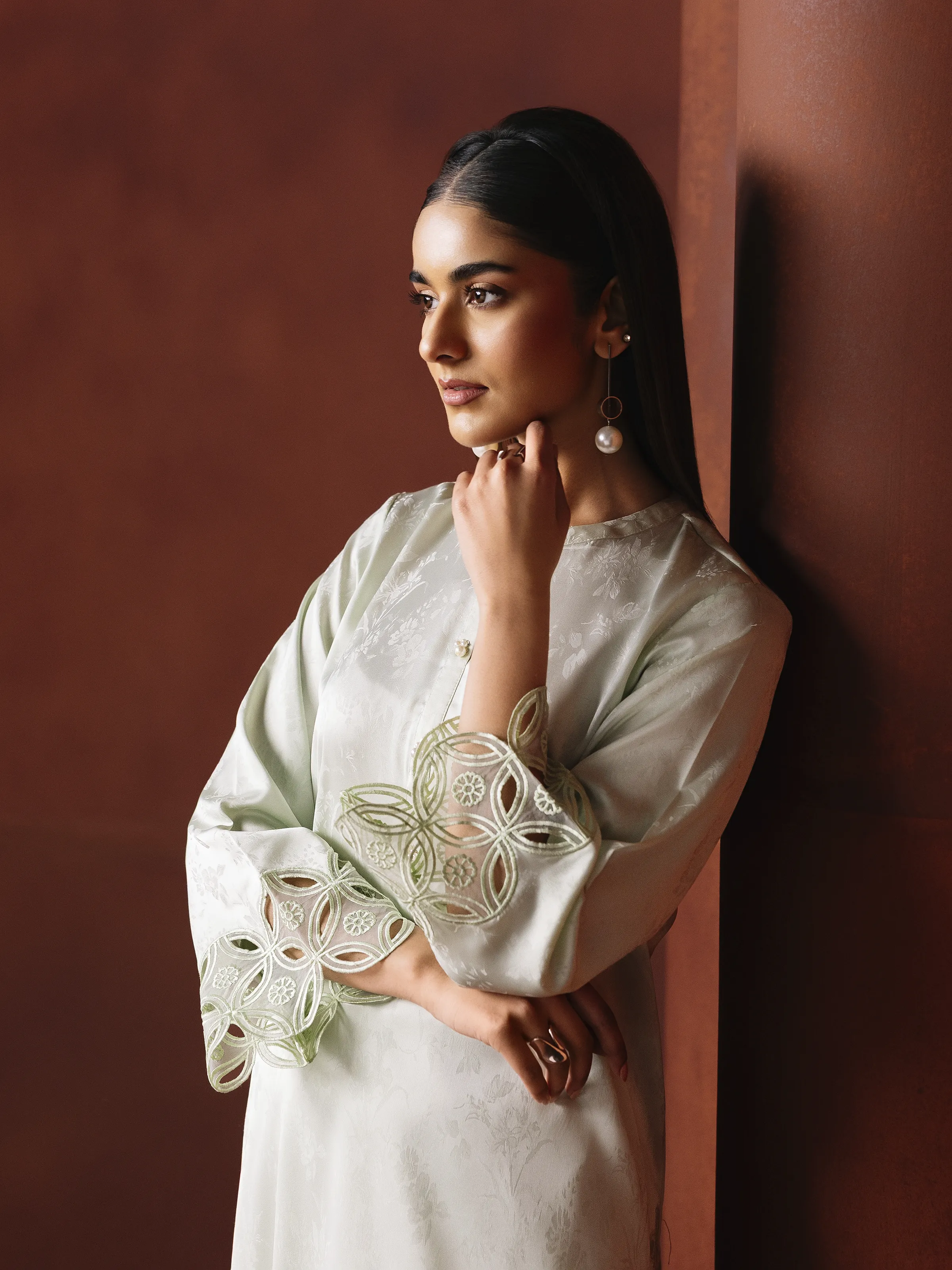 Embroidered Cotton Satin Co-Ord Set - EWTKED6-86159ST - Image 2
