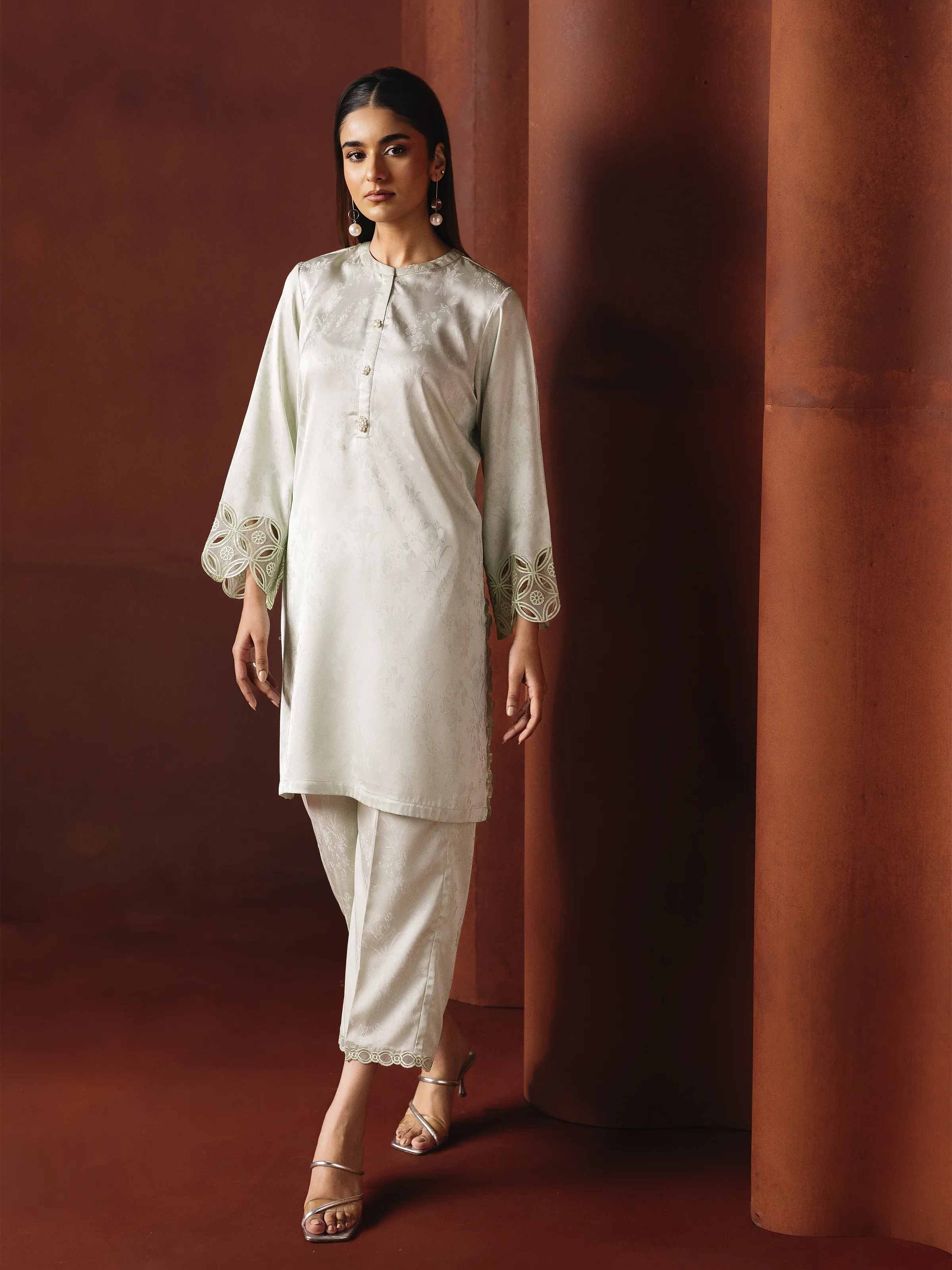 Embroidered Cotton Satin Co-Ord Set - EWTKED6-86159ST - Image 5