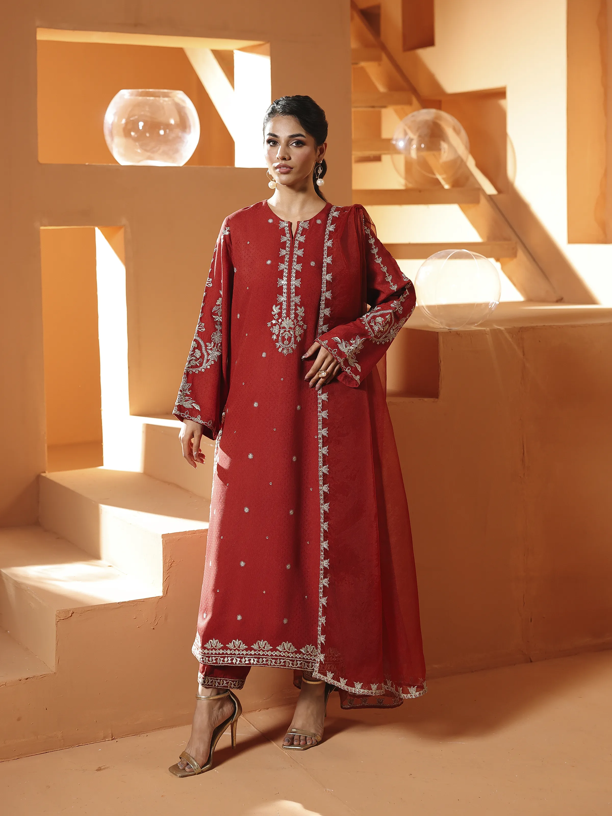 Embroidered Viscose Suit - EWTKED6-84119-3P