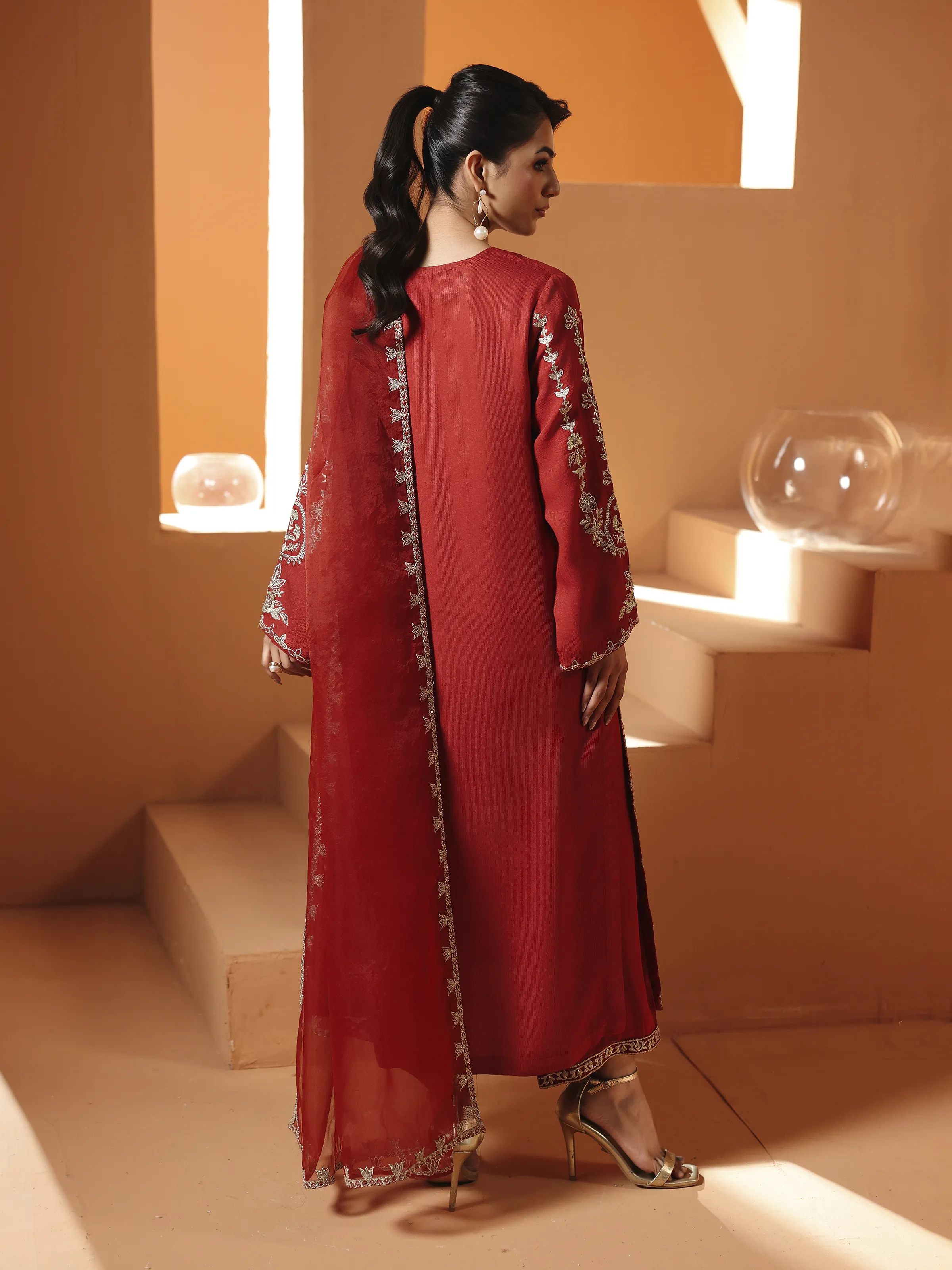 Embroidered Viscose Suit - EWTKED6-84119-3P - Image 7