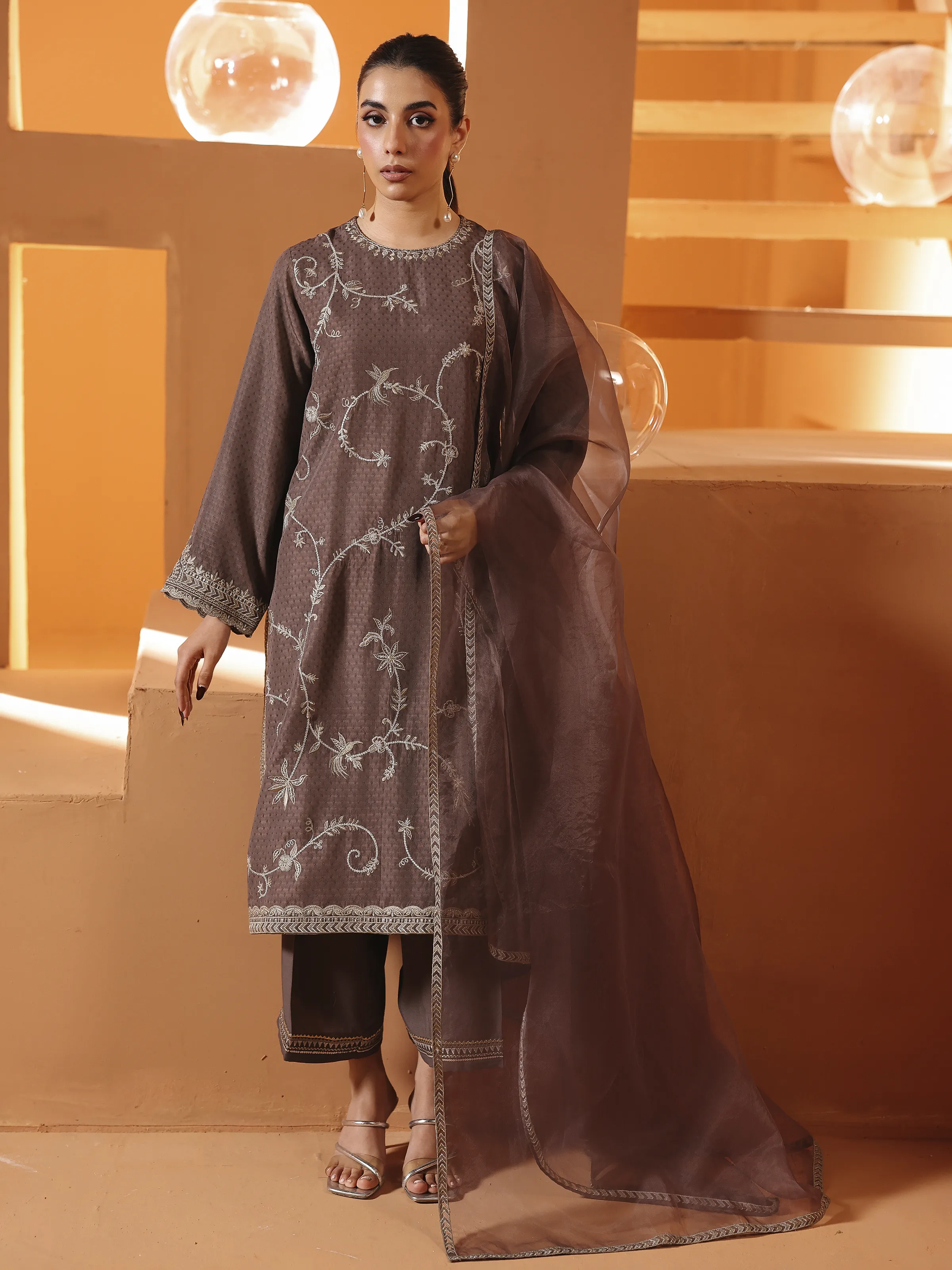 Embroidered Viscose Suit - EWTKED6-84121-3P
