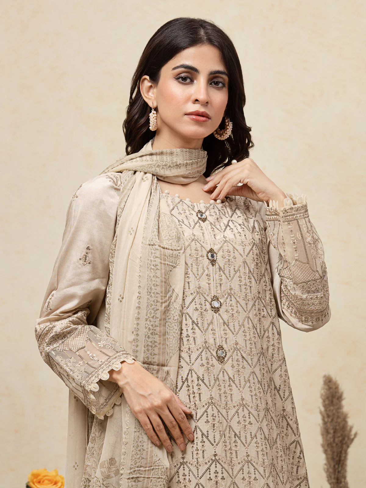 Embroidered Raw Silk Shirt Trouser - EWU23V16-26671ST - Image 4