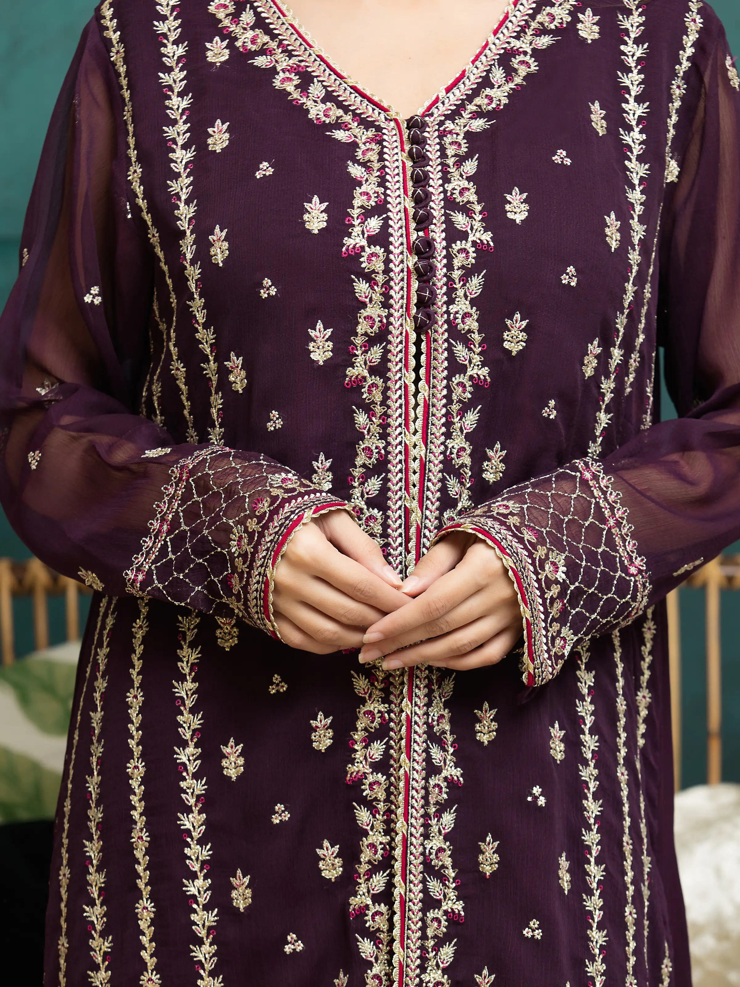 Embroidered Chiffon Suit - EWU24V5-30328-3P - Image 3