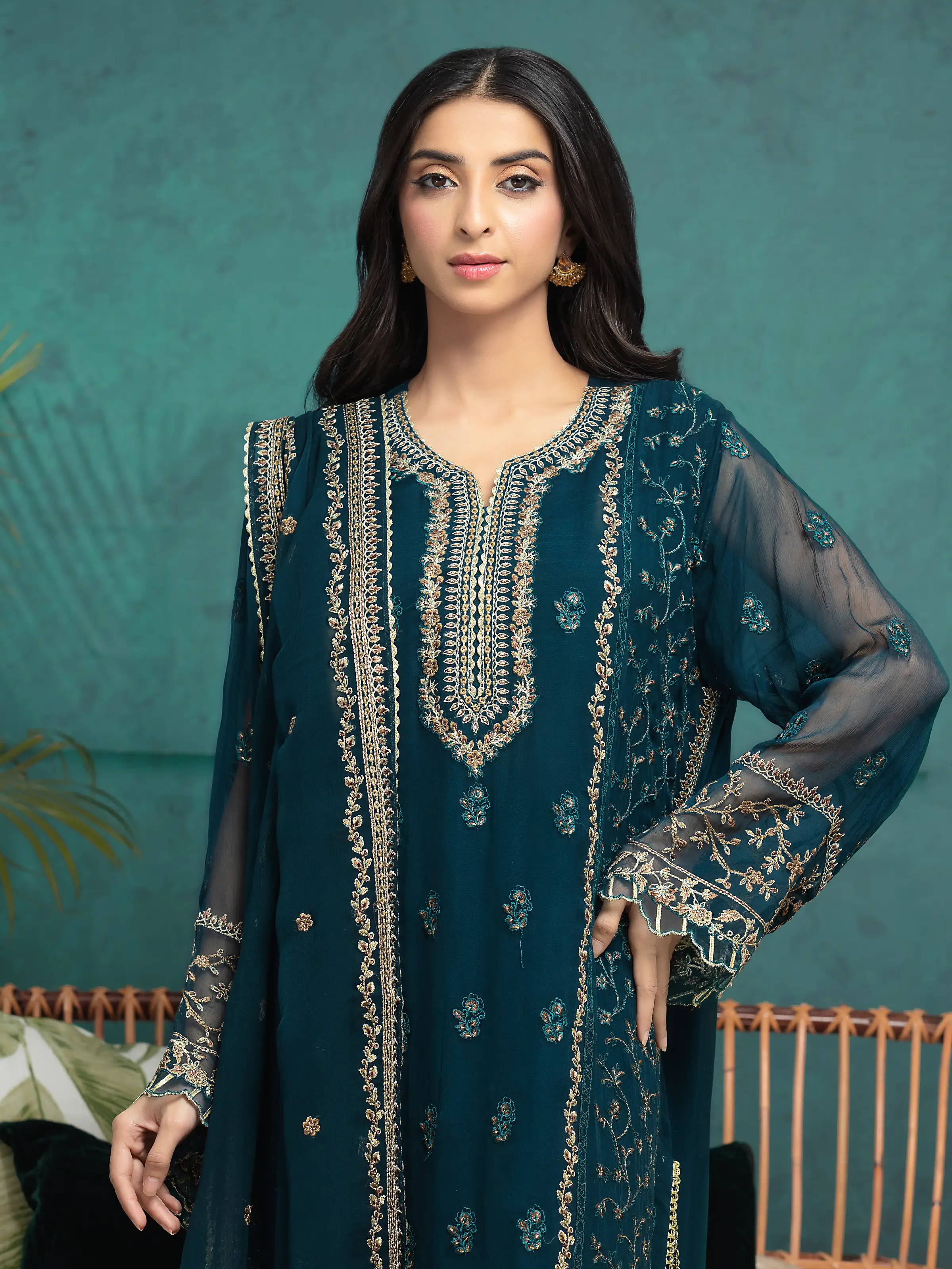 Embroidered Chiffon Suit - EWU24V5-30322-3P - Image 3