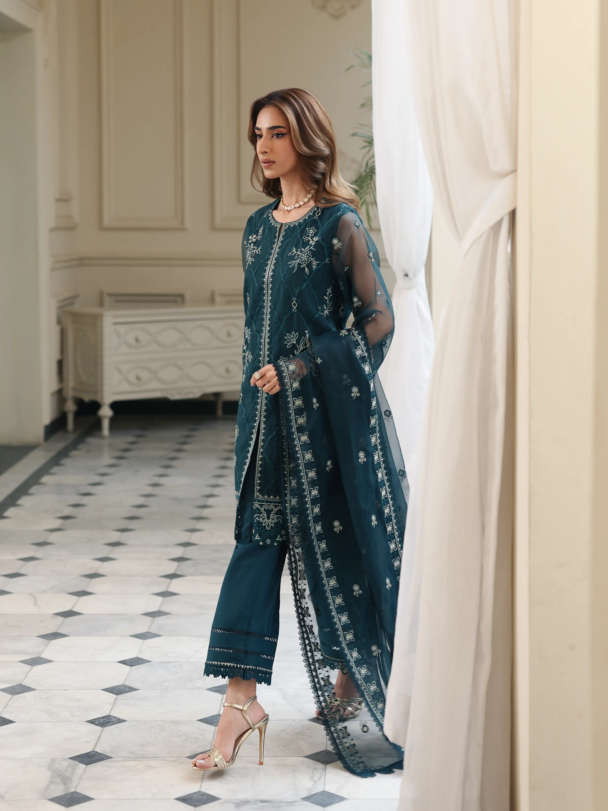 Embroidered Organza Suit - EWU5V4-31273-3P - Image 3